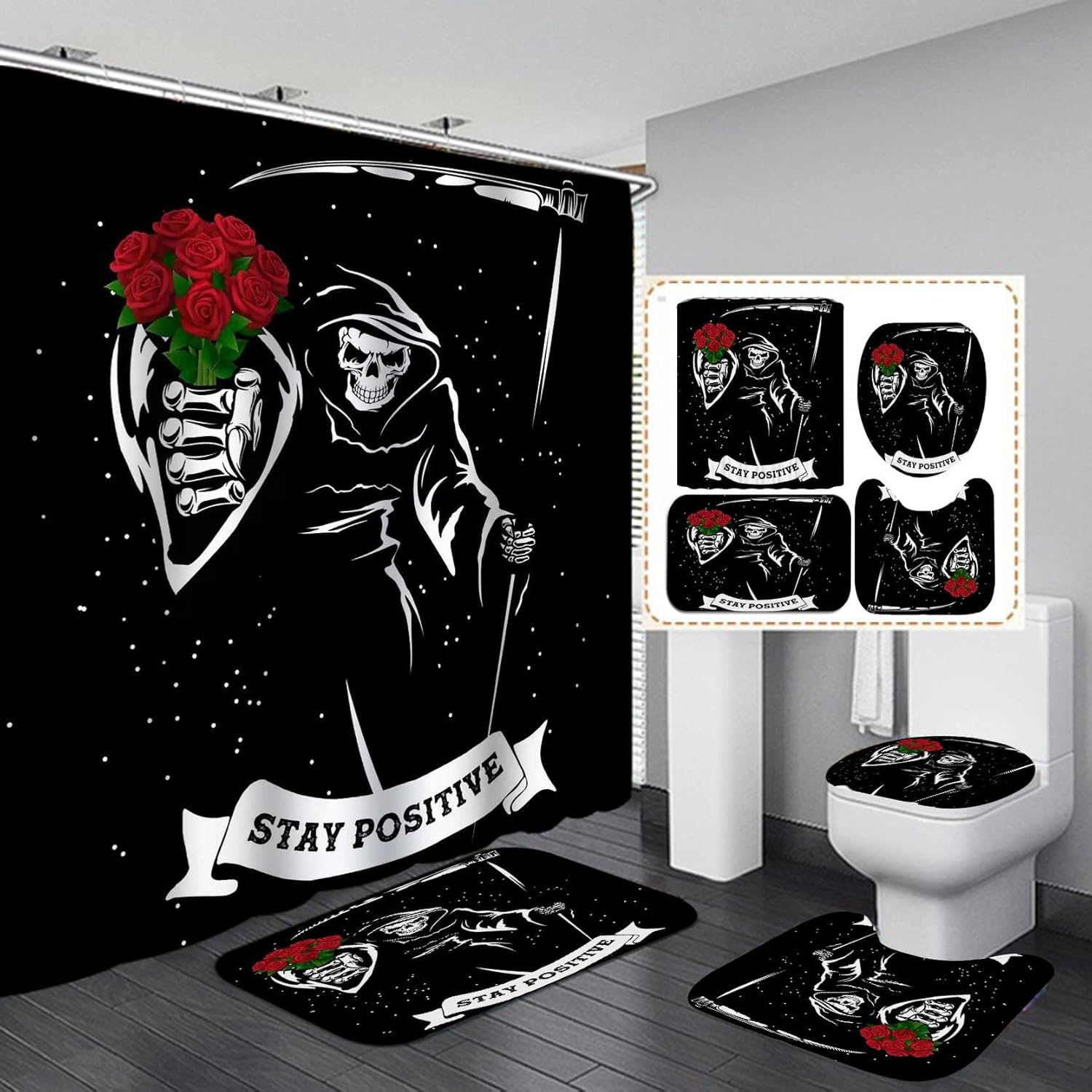 Jayden Madge – Juego de 4 cortinas de ducha con diseño de calavera, citas positivas, esqueleto de la muerte en blanco y negro, ramo de rosas rojas,