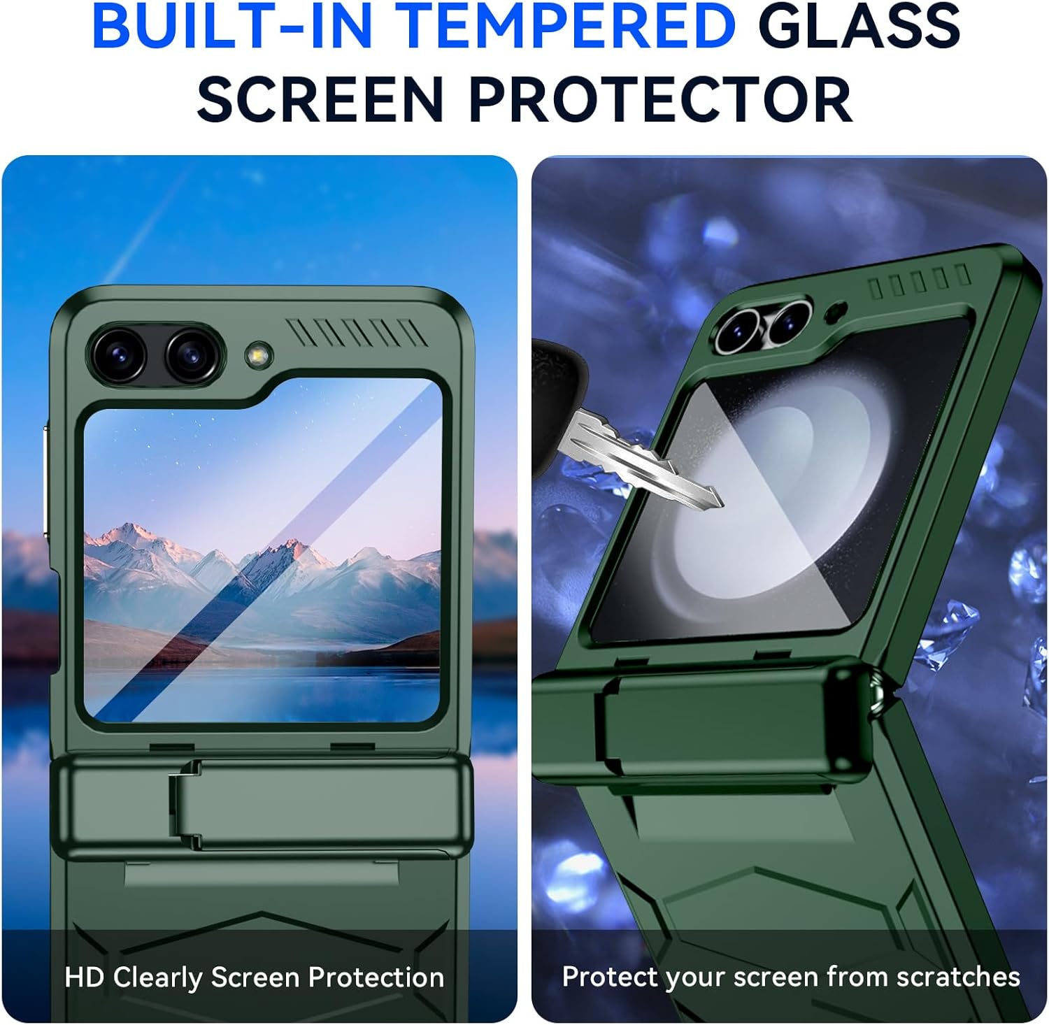 Funda para Samsung Galaxy Z Flip 5 con protección de bisagra y protector de pantalla pequeño integrado y soporte oculto de cuerpo completo,