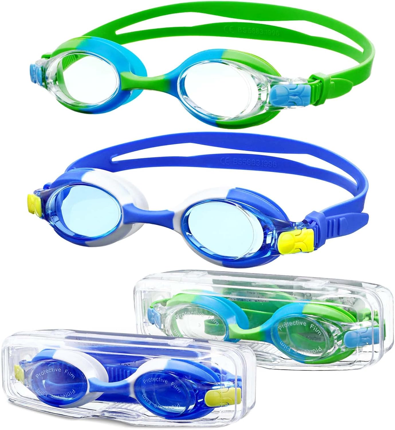 Gafas de natación para niños con estuches, paquete de 2 gafas de natación antivaho sin fugas 180 visión clara para niños y niñas (edad 6-14)
