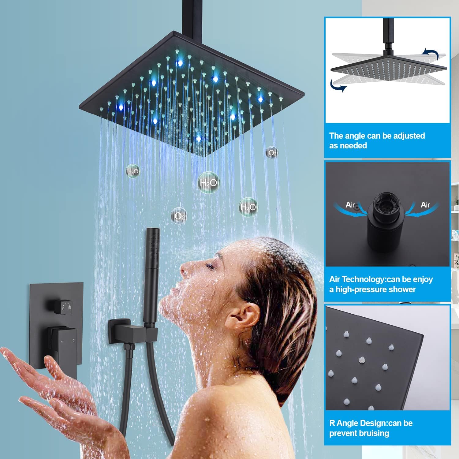 Juego de grifo de ducha LED montado en el techo, cabezal de ducha de lluvia de 10 pulgadas con rociador de mano 2 en 1, sistema de ducha LED,
