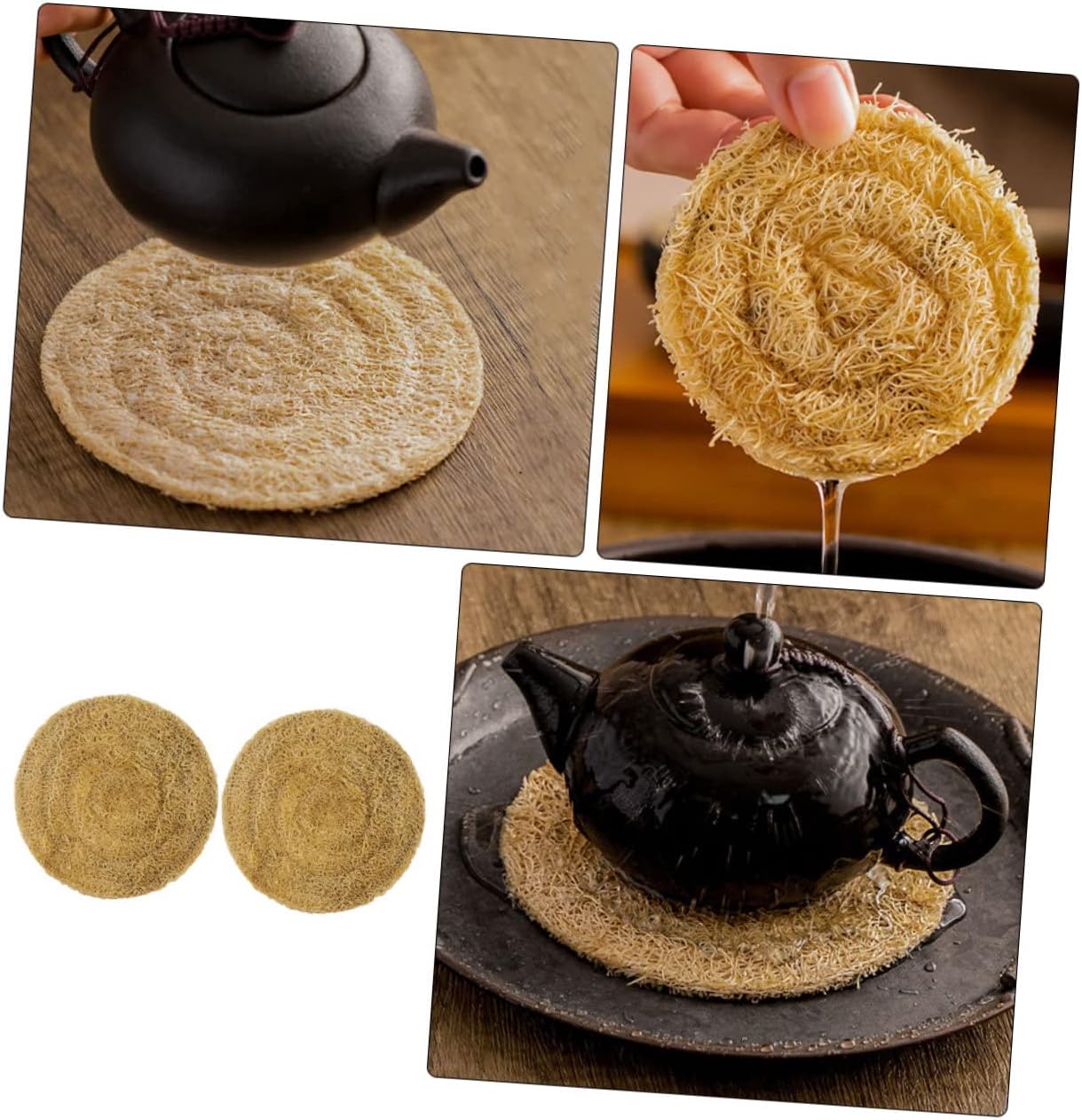 2 posavasos redondos, manteles individuales, accesorios de escritorio, posavasos para escritorio, tapete para tetera, posavasos Luffa, posavasos
