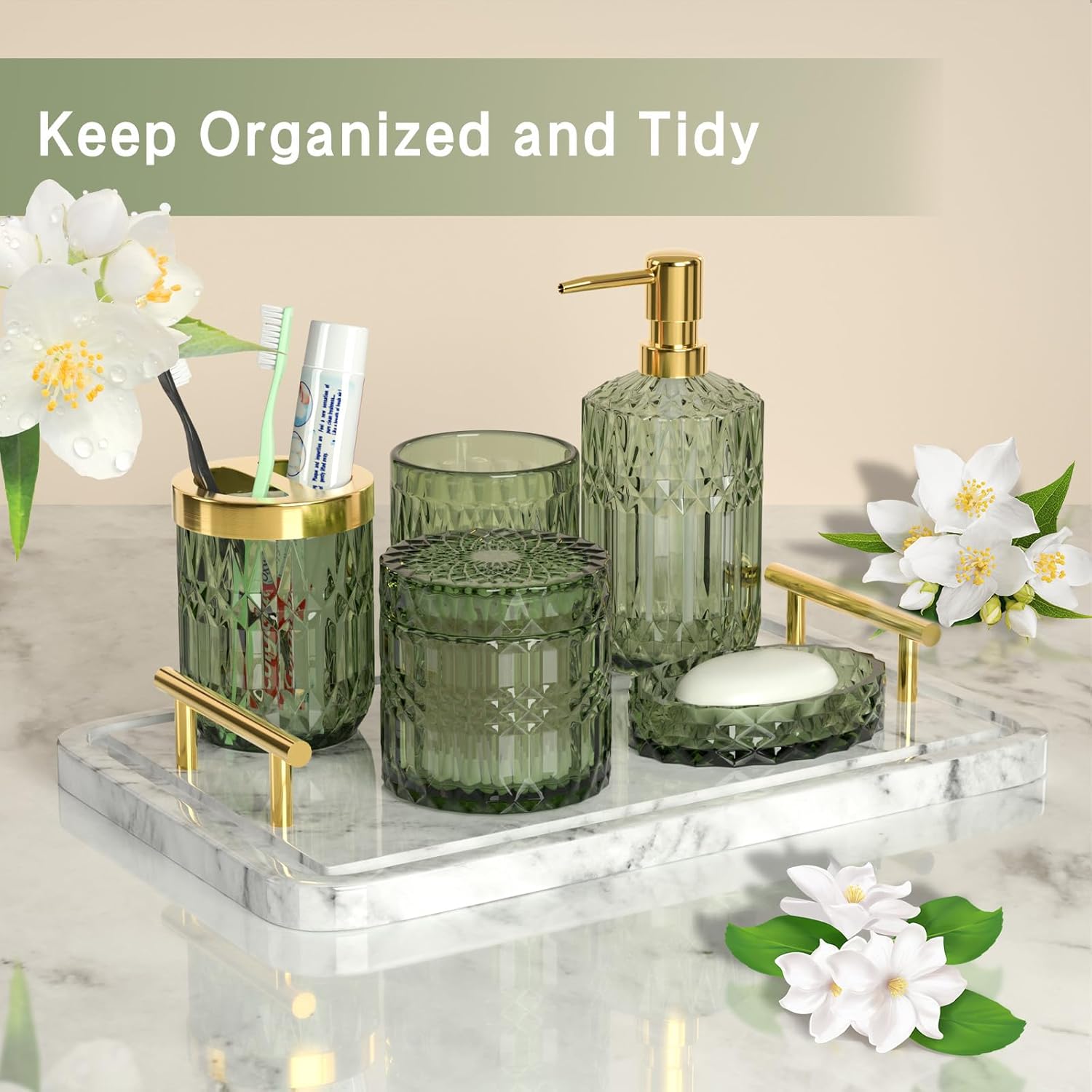 Juego de 5 accesorios de baño verde de alta calidad, moderno organizador de tocador de cristal para decoración de baño, dispensador de jabón de