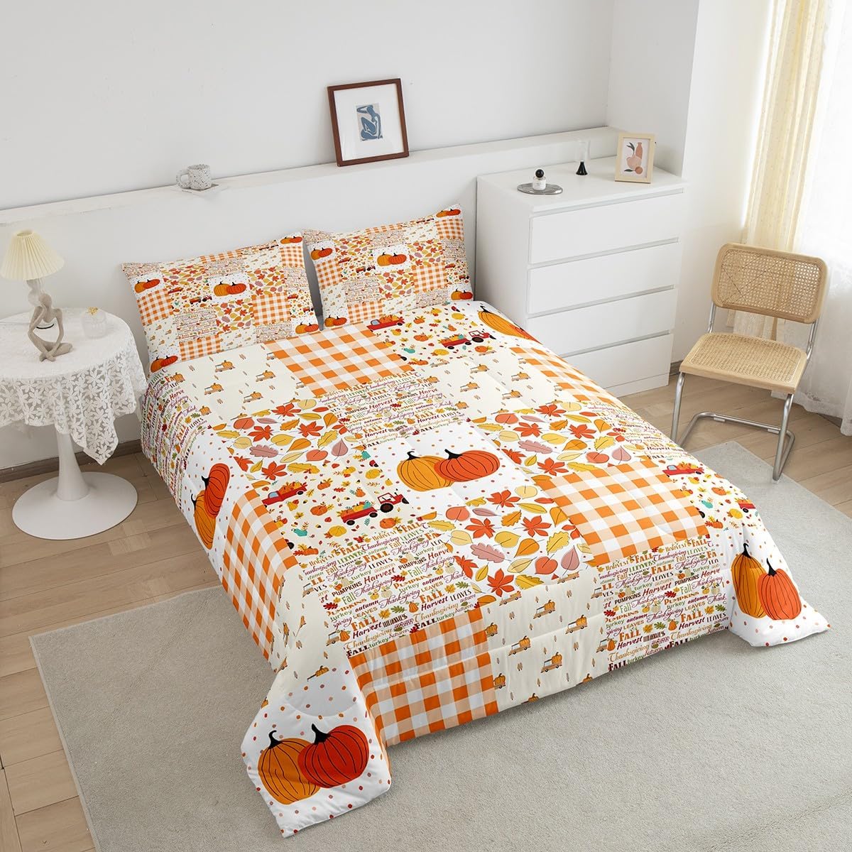 Juego de edredón de calabaza de otoño, tamaño Queen, juego de ropa de cama de Acción de Gracias, 3 piezas de hojas de arce, tractores de granja,