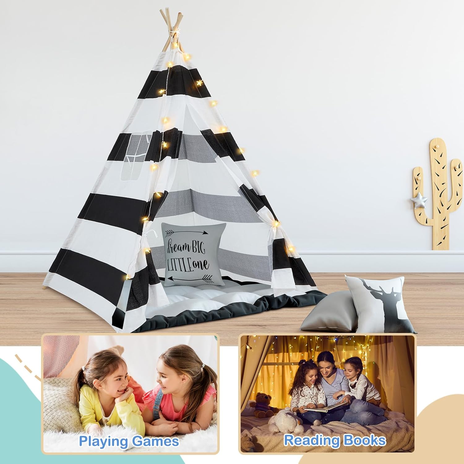 Woanger Juego de 6 tiendas de campaña tipo tipi para niños con cadena de luz de 10 pies, tienda de campaña plegable de lona de algodón, luces LED de