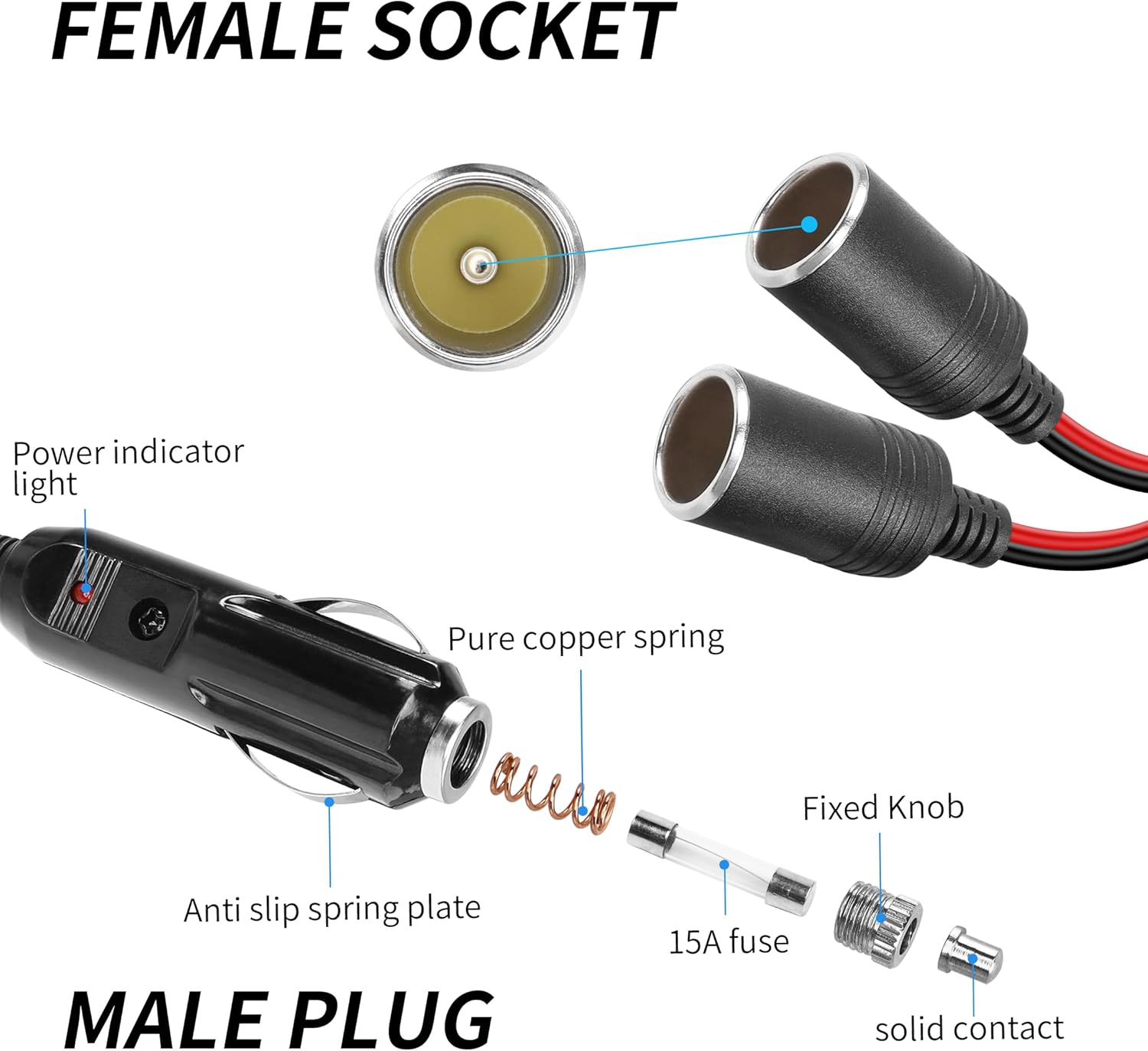 Cable divisor en Y para encendedor de cigarrillos para automóvil, YACSEJAO 14 AWG 2 pies, 12 V24 V, 1 a 2, cable de extensión de 2 vías
