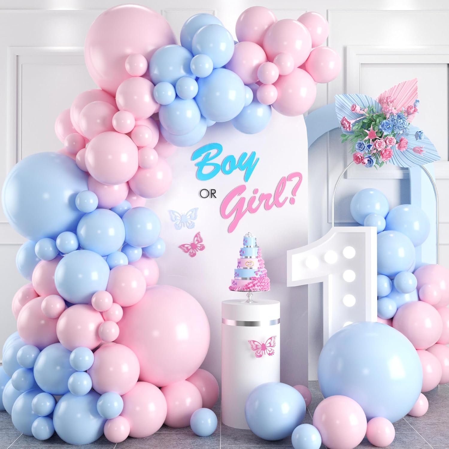 Kit de arco de globos rosa y azul, 100 piezas de guirnalda de globos azul claro y rosa macarrón para revelación de género, globos de diferentes