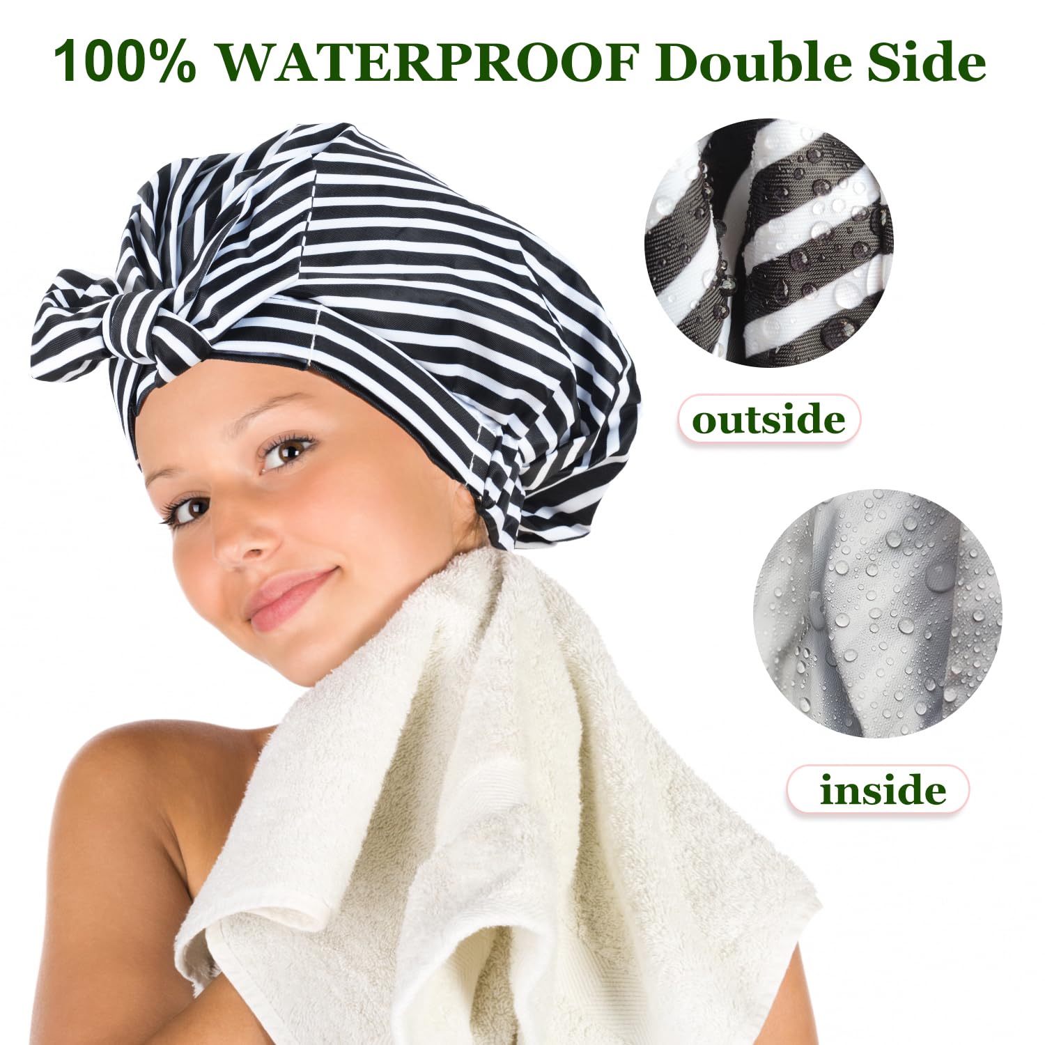Luvruitaky Gorro de ducha de lujo para mujer, reutilizable, impermeable, para ducha, con moño ajustable, gorro de baño (rayas negras)