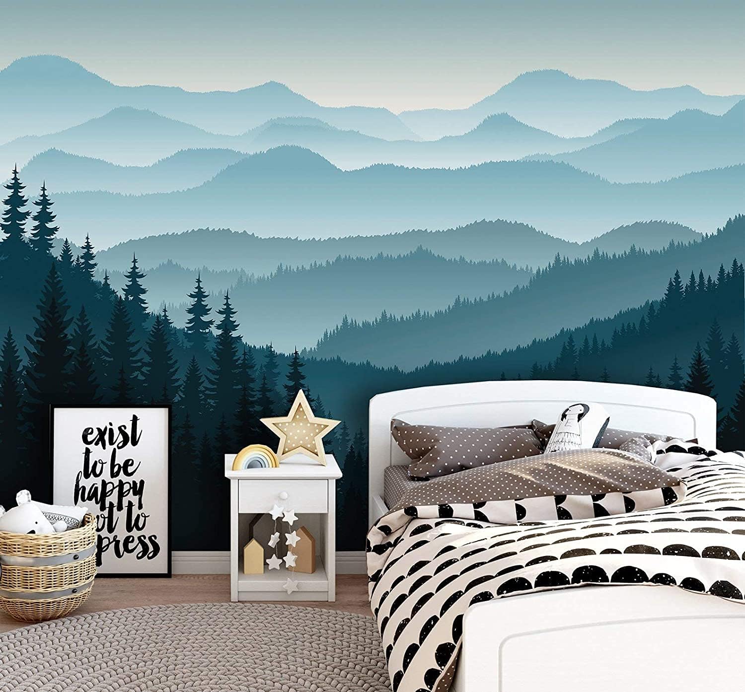 Papel tapiz removible para despegar y pegar, mural de pared autoadhesivo, mural de montaña 3D, papel tapiz para guardería, pinos de montaña azul