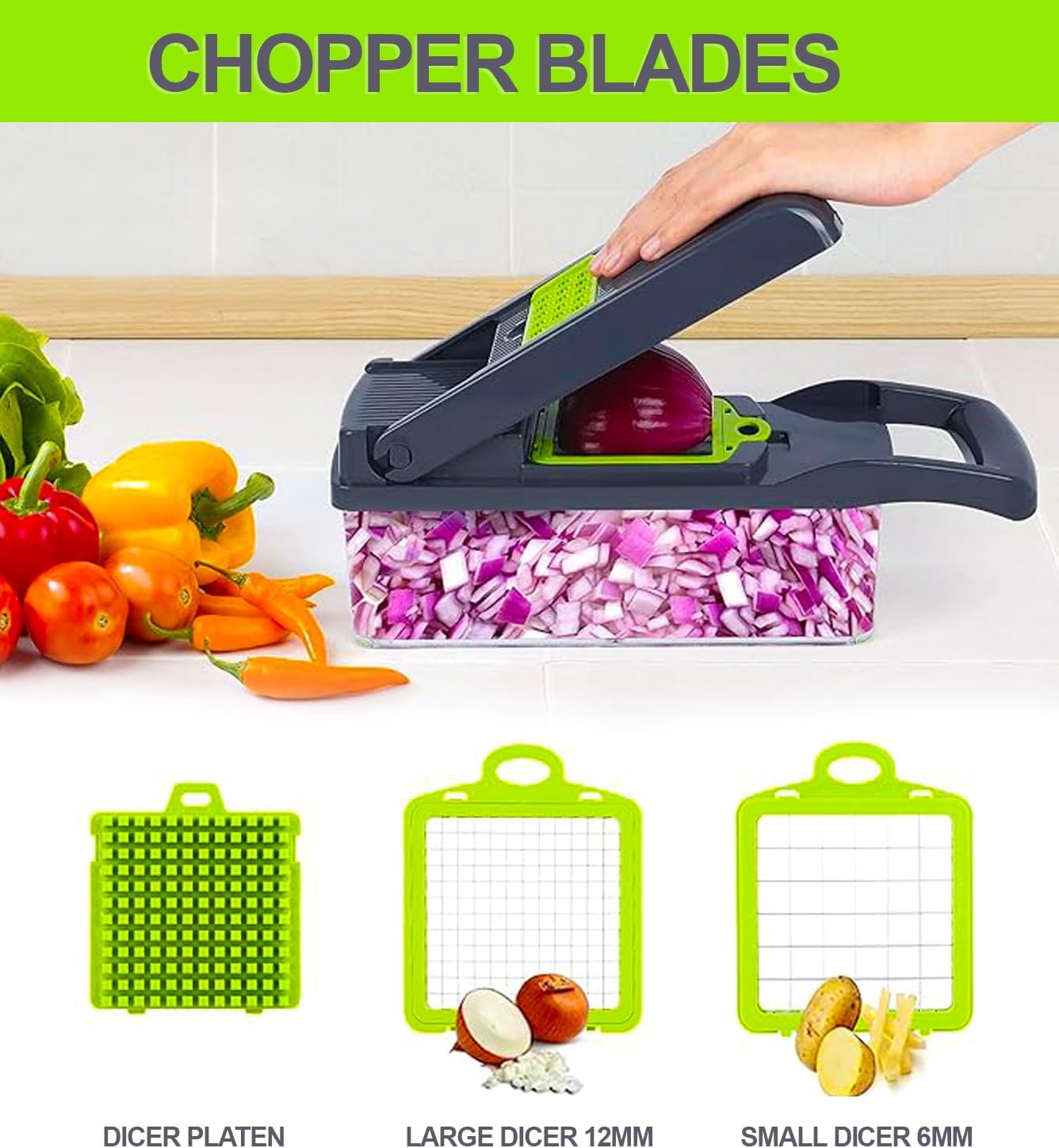 TRADEBLAZE Picador de verduras con recipiente, cortador de verduras multifuncional 15 en 1, apto para lavavajillas con material libre de BPA,