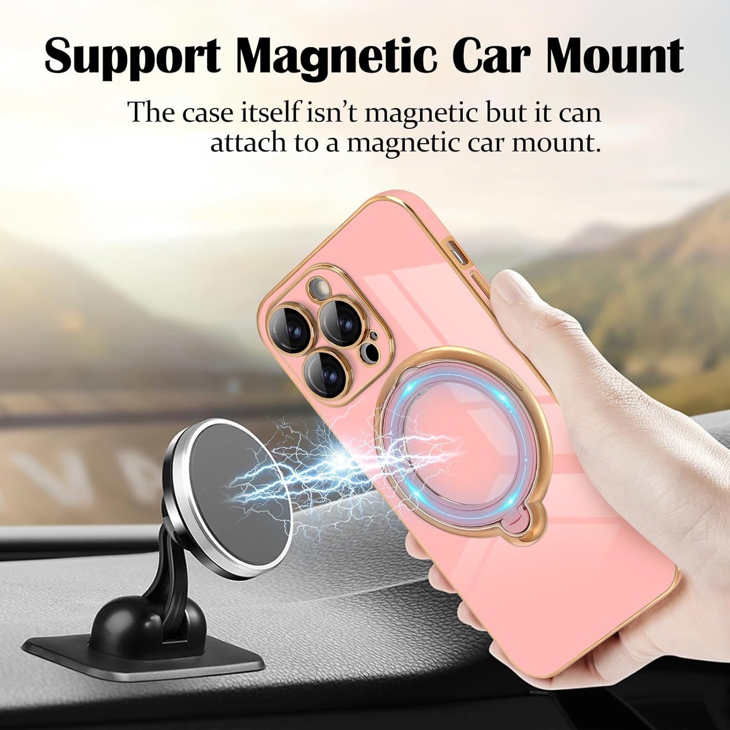 Newseego Funda para iPhone 14 Pro Max, funda de lujo con borde chapado con soporte magnético giratorio de 360 invisible para mujeres, niñas y