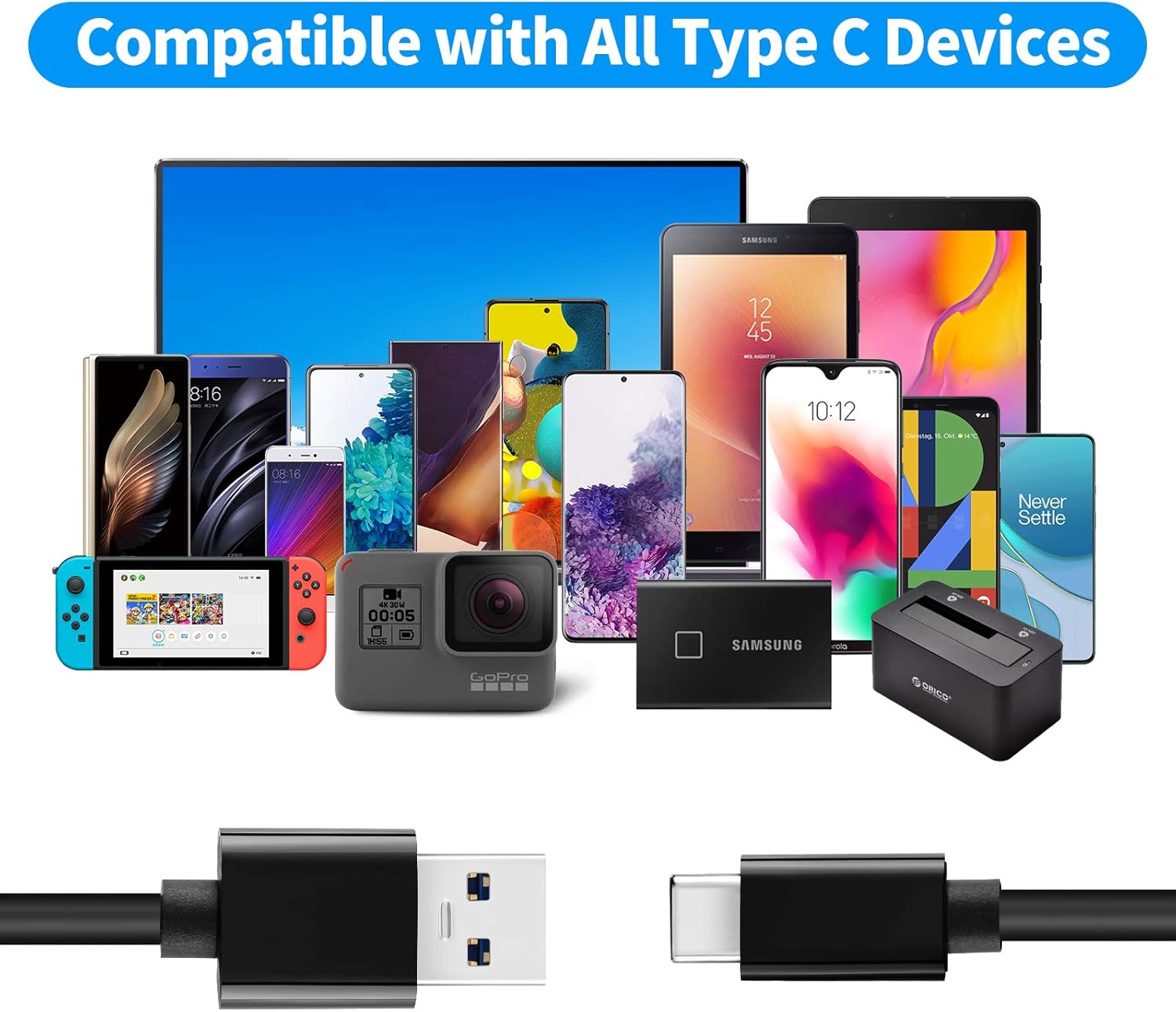 Cable USB C Android Auto de 10 Gbps de transferencia de datos 6 pies 2 unidades QC3.0 3A USB C cargador USB C USB 3.1 Gen2 Tipo C cable de carga