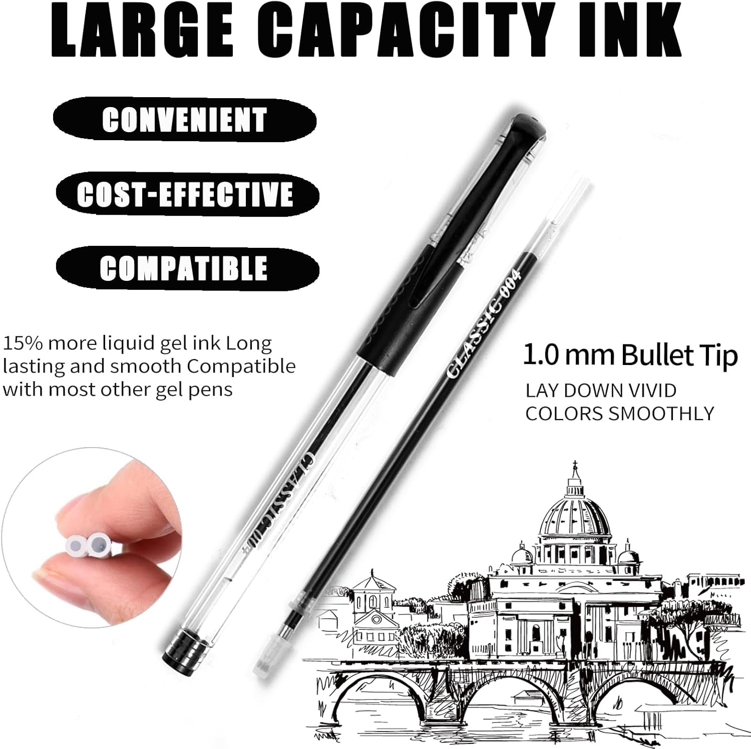 HUJUGAKO Paquete de 24 bolígrafos de gel negro y gris, 12 bolígrafos de gel de colores con 12 repuestos, 40% más de tinta para escribir suavemente
