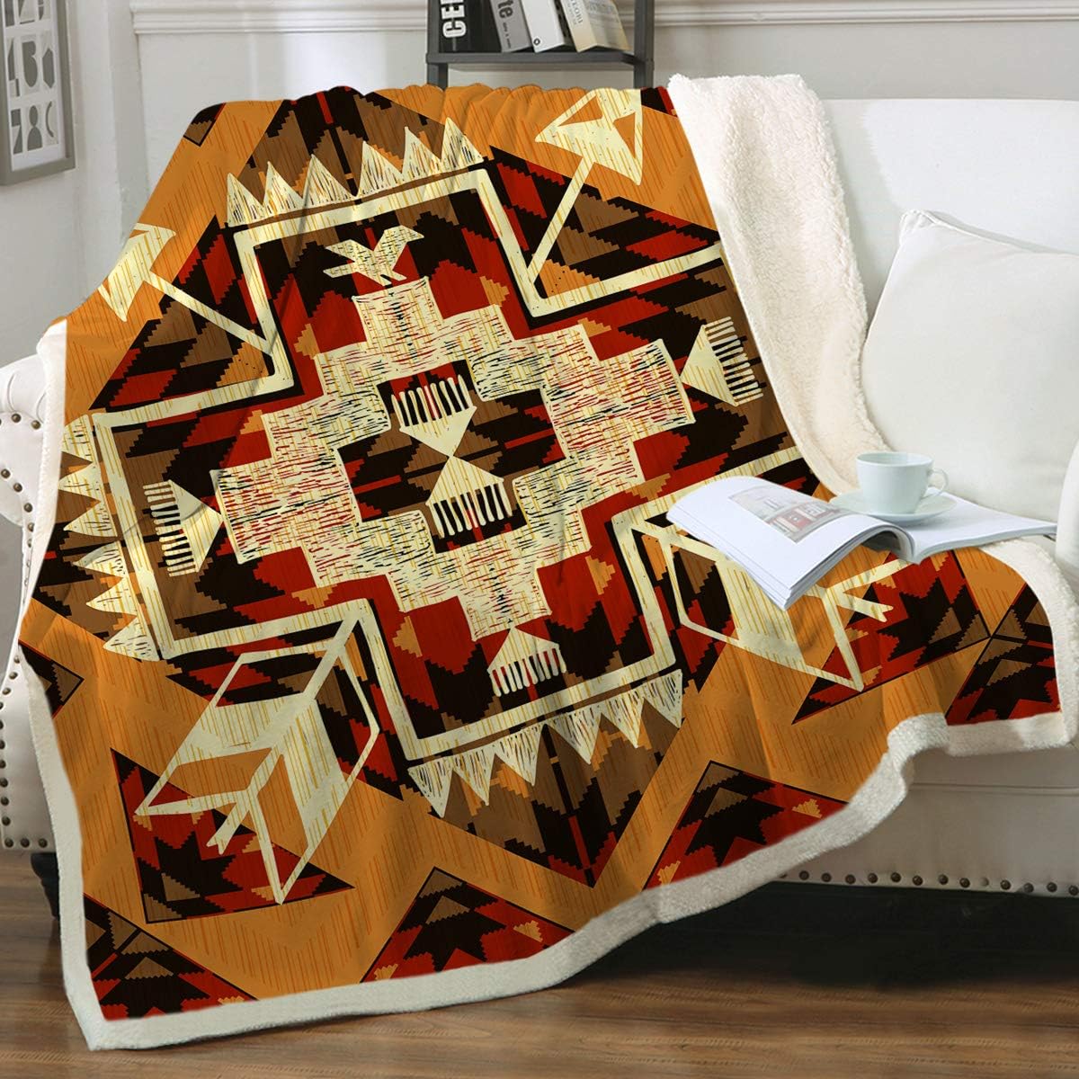 Sleepwish Manta tribal naranja nativa, manta azteca para sofá y cama, manta del suroeste de vellón, mantas rústicas cálidas y suaves (50 x 60