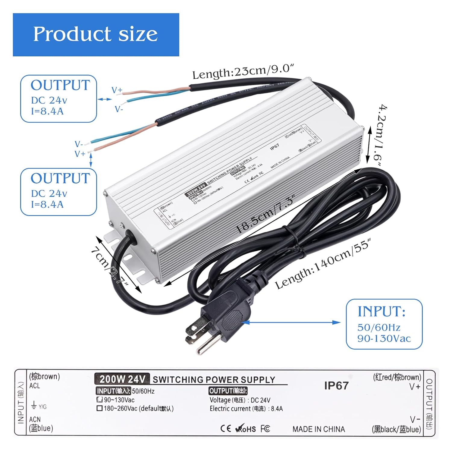 Fuente de alimentación del controlador LED 24V 150W IP67 impermeable AC 90-130V 6.25A a DC 24V Adaptador de transformadores de bajo voltaje para