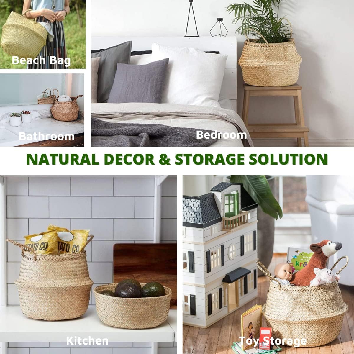 LiloCraft – Cesta para plantas de hierba marina (tamaño 9 x 8 pulgadas, patrón fondo negro) Solución de almacenamiento para decoración del hogar con