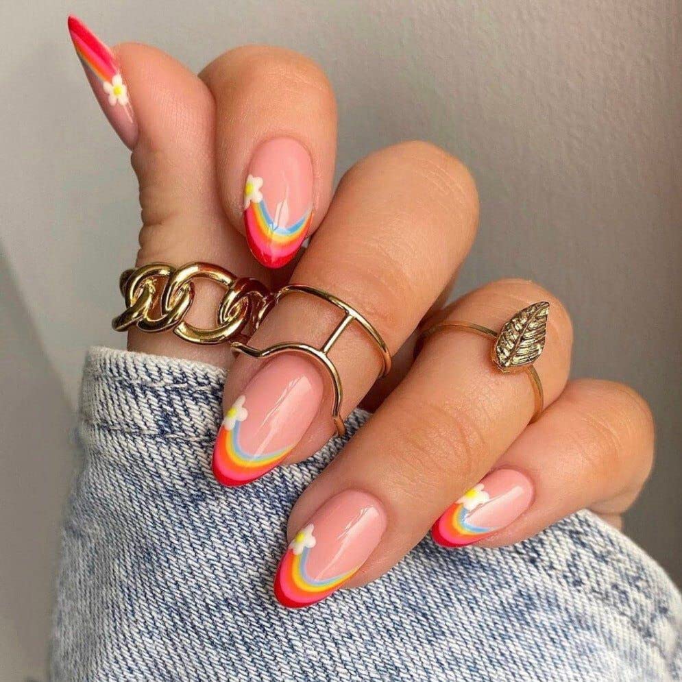 GLAMERMAID – Uñas postizas cortas a presión con punta francesa, uñas postizas de gel ovaladas medianas con diseño de flores de arcoíris, uñas
