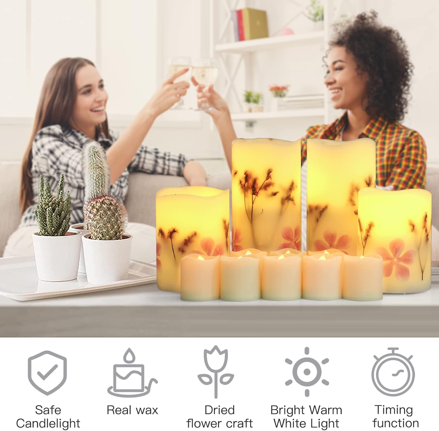 Velas sin llama con control remoto, paquete de 12 velas a pilas, velas parpadeantes sin llama con flores secas incrustadas, velas LED eléctricas de