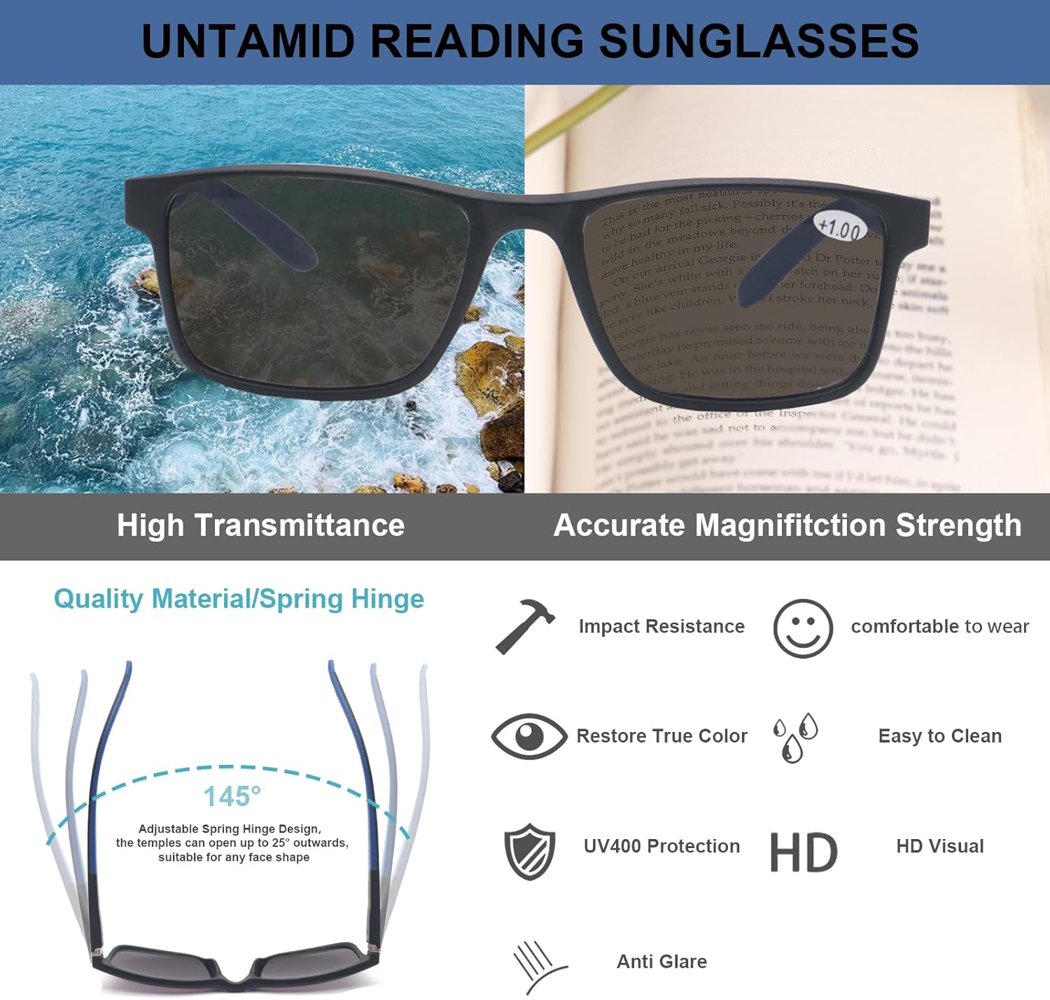 Paquete de 3 lentes de lectura, gafas de sol deportivas con marco cuadrado para lectura al aire libre para mujeres y hombres, +1.50, no bifocales