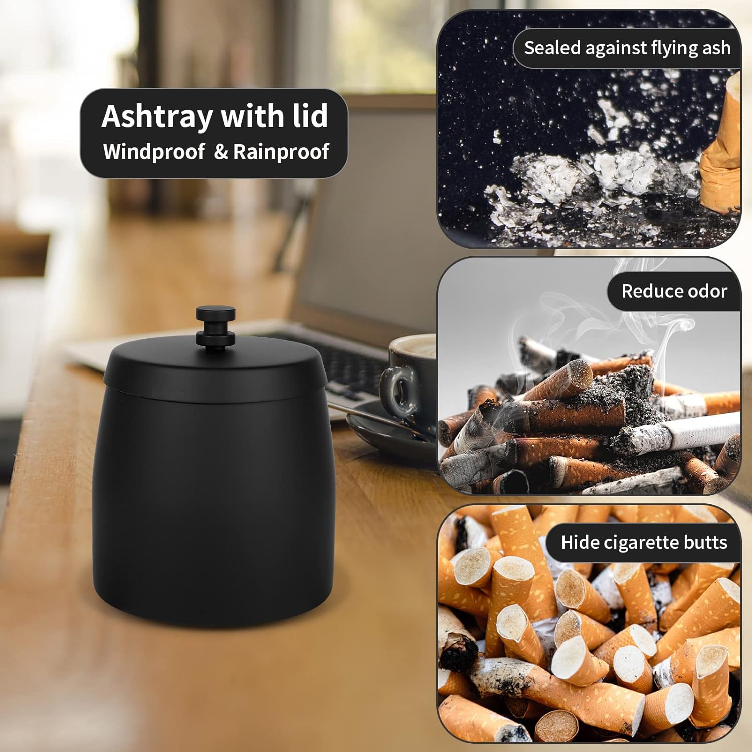 Cenicero al aire libre con tapa, ceniceros para cigarrillos al aire libre, juegos de bandejas de cenizas para cigarrillos al aire libre, ceniceros