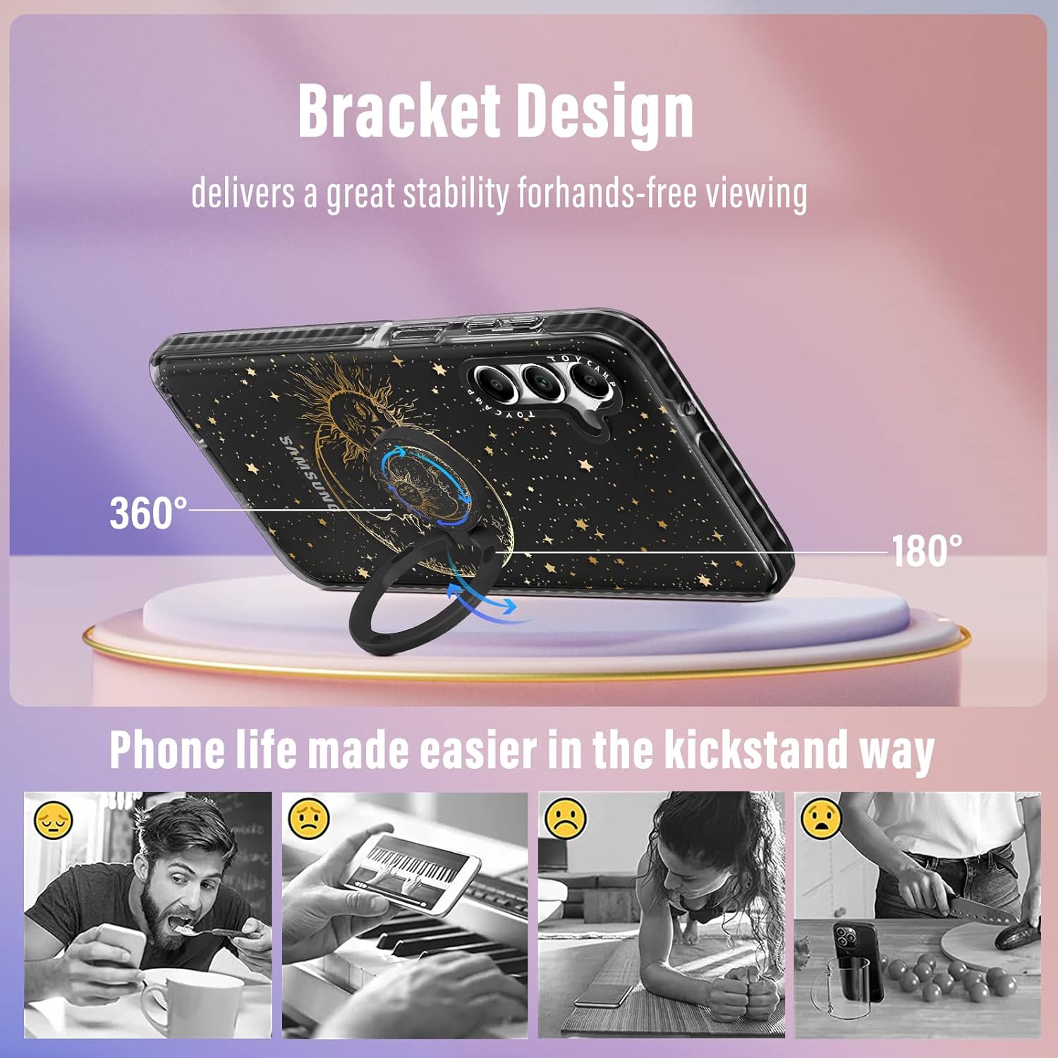 Toycamp Funda de teléfono para Galaxy A54 0.18 oz con soporte de anillo, diseño de fantasía con purpurina, diseño de estrellas y sol, luna,