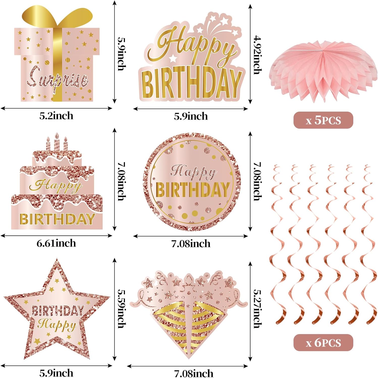 Kit de decoración de cumpleaños de 106 piezas de oro rosa para niñas y mujeres, pancarta rosa de feliz cumpleaños, globo, panal, centro de mesa,