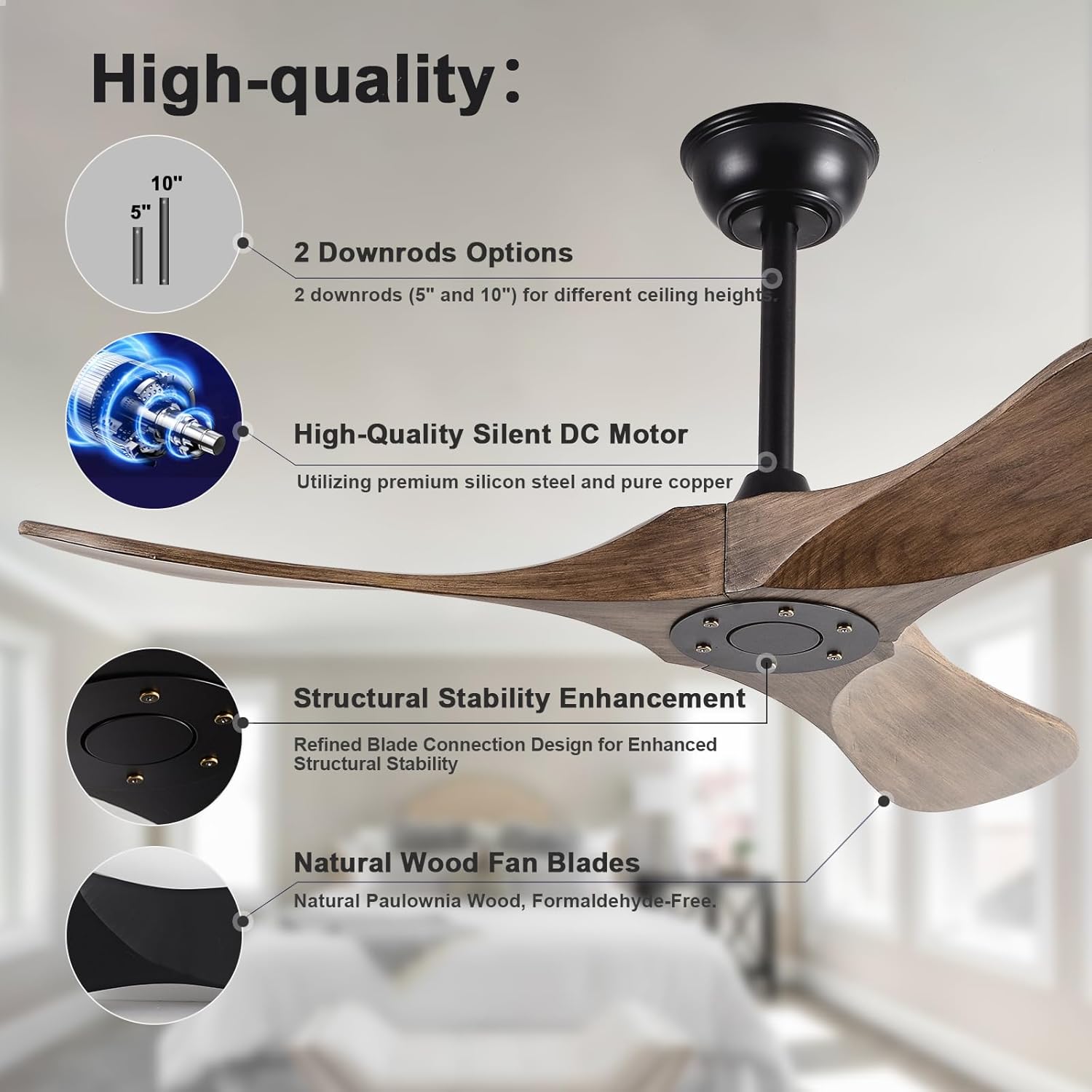 FISHMIX Ventiladores de techo pequeños de 42 pulgadas sin luces, ventilador de techo de madera maciza sin luz con control remoto, inteligente y