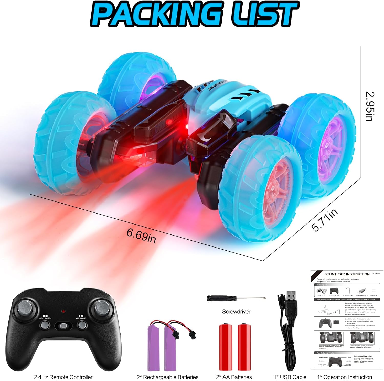 Coche de control remoto, autos de acrobacias RC de 2.4 GHz con faros, luces de rueda, camión de control remoto recargable todoterreno 4WD, juguetes