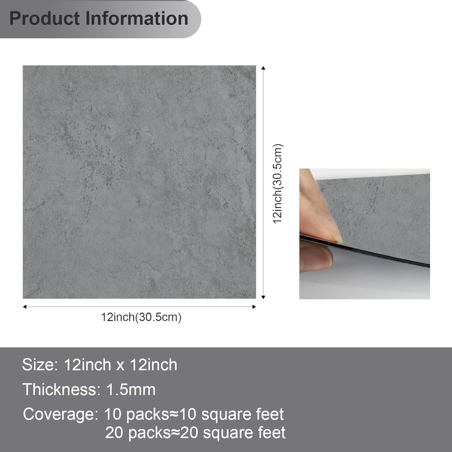 VaryStyle Paquete de 20 azulejos de vinilo impermeables para despegar y pegar, de 12 x 12 pulgadas, hormigón gris clásico, autoadhesivos,