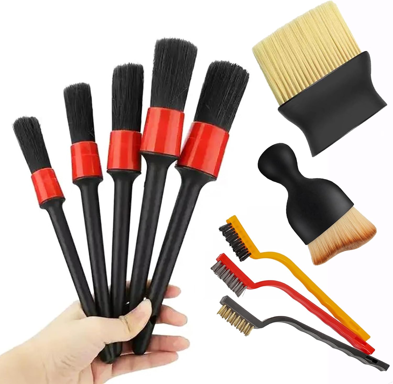 Juego de 10 cepillos para detalles de automóvil, kit de limpieza interior de automóvil, incluye 5 cepillos para detalles de automóvil, 3 cepillos de
