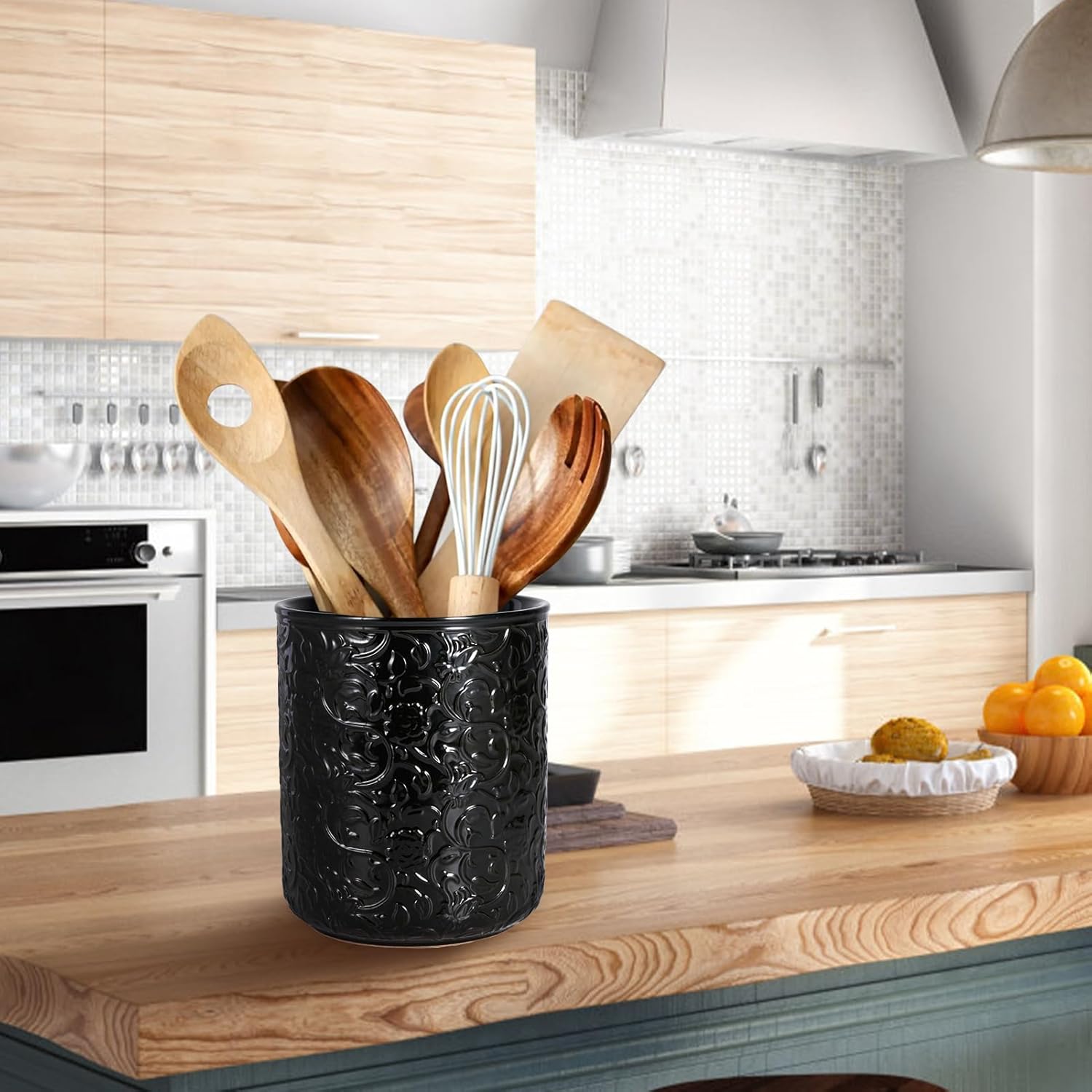 MEIGUI Soporte de cerámica para utensilios de cocina, soporte grande para utensilios de cocina con parte inferior de corcho de protección para