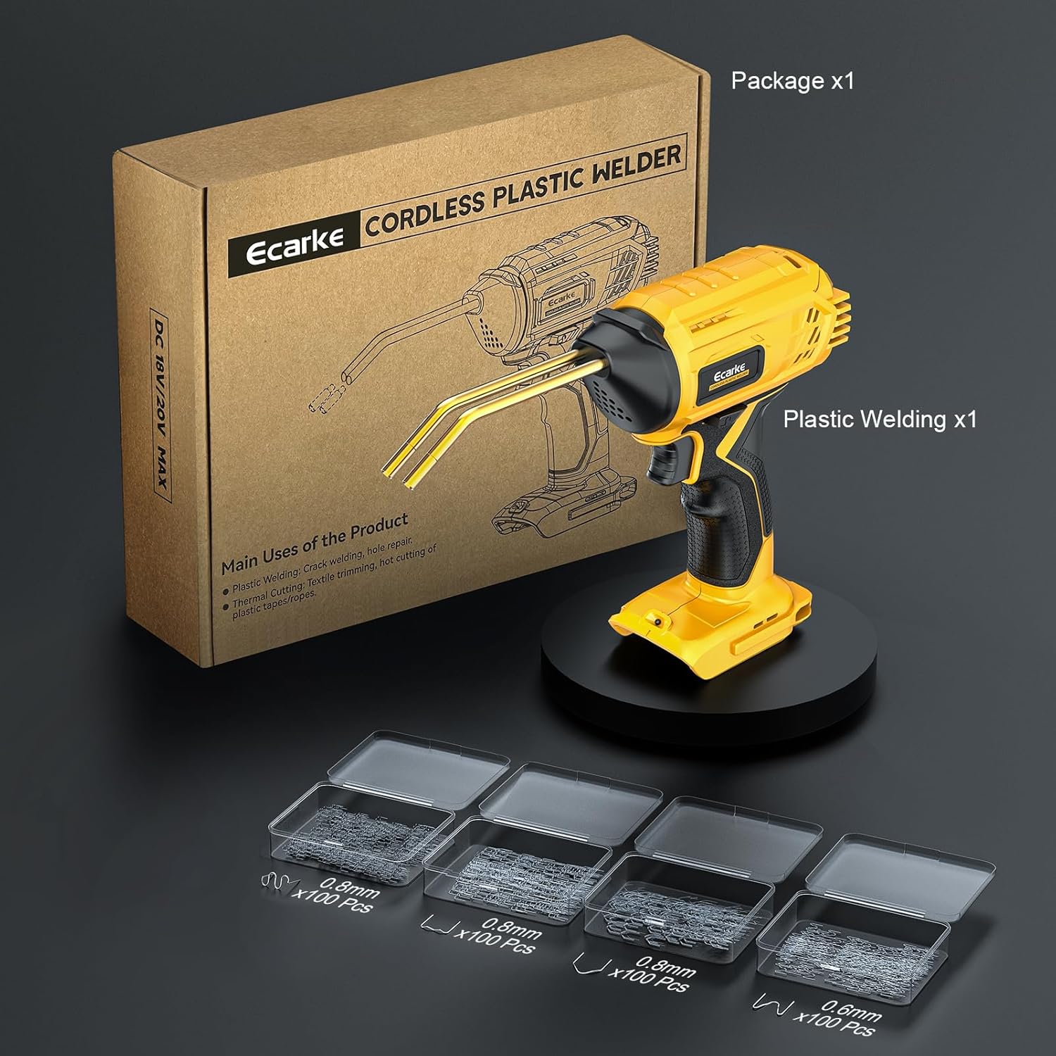 Ecarke – Pistola soldadora de plástico inalámbrica para batería Dewalt de 20 V, máquina de soldadura portátil de 120 W, 6 tipos y 600 grapas, kit de