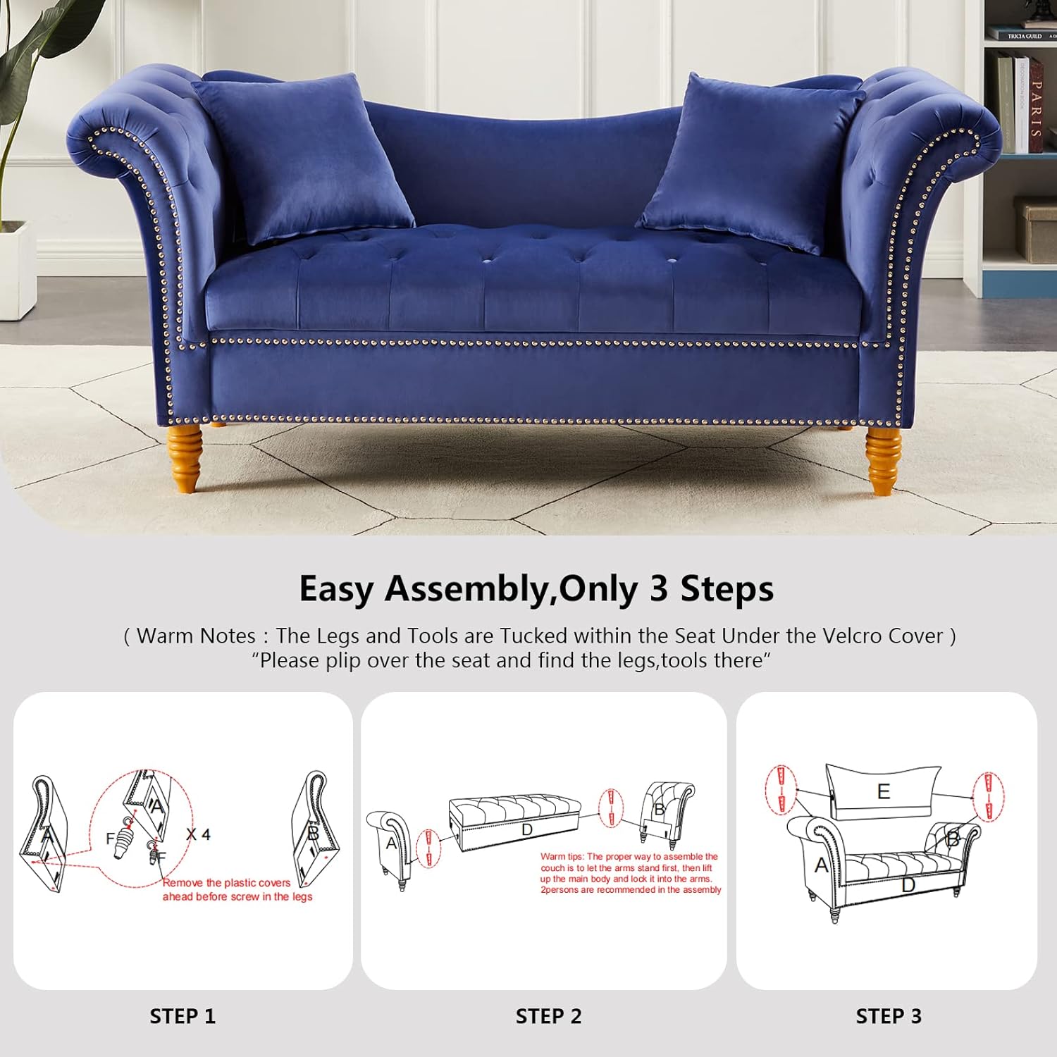 Betoko Sofá biplaza de terciopelo con asiento de almacenamiento, sofá acampanado de 2 plazas con brazo enrollado para sala de estar, dormitorio,