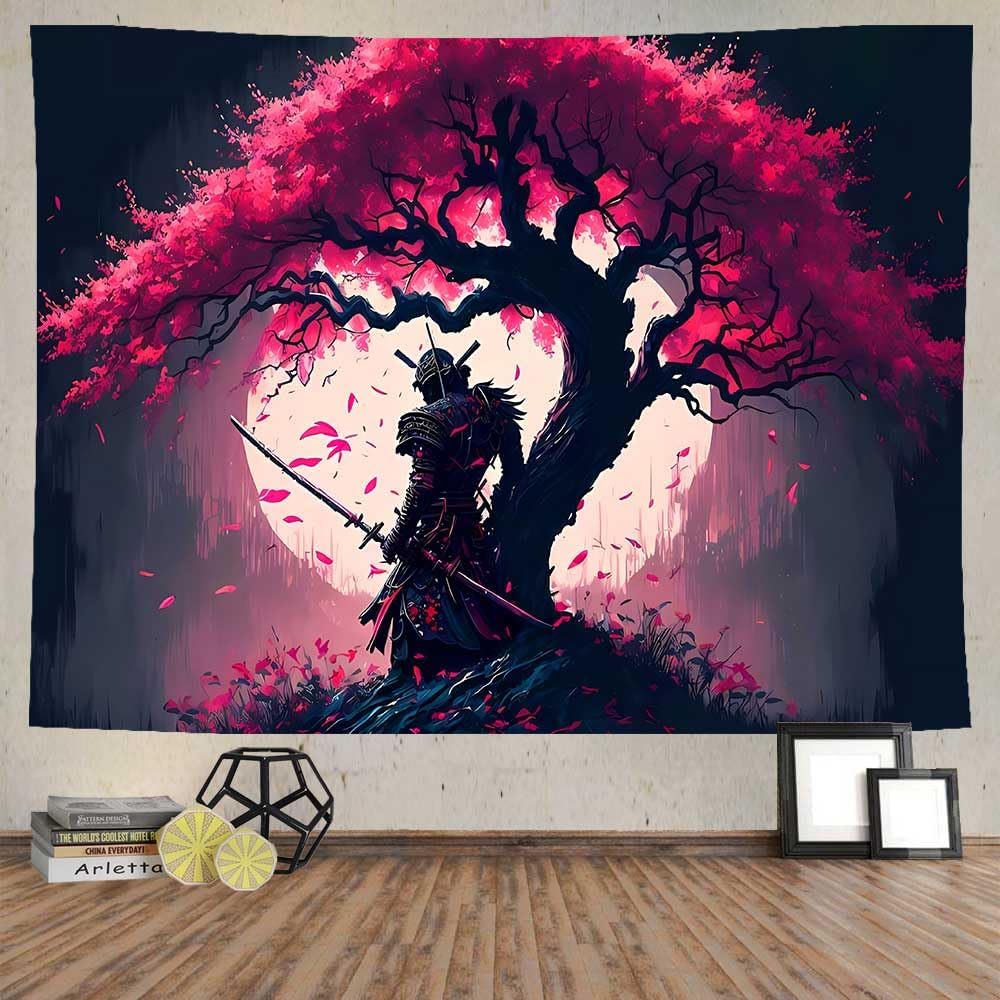 Ine Ive Tapiz samurái japonés para dormitorio, estética de luna llena, cerezo, árbol, guerrero, asiático oriental, tapiz de pared, 80 x 60 pulgadas,