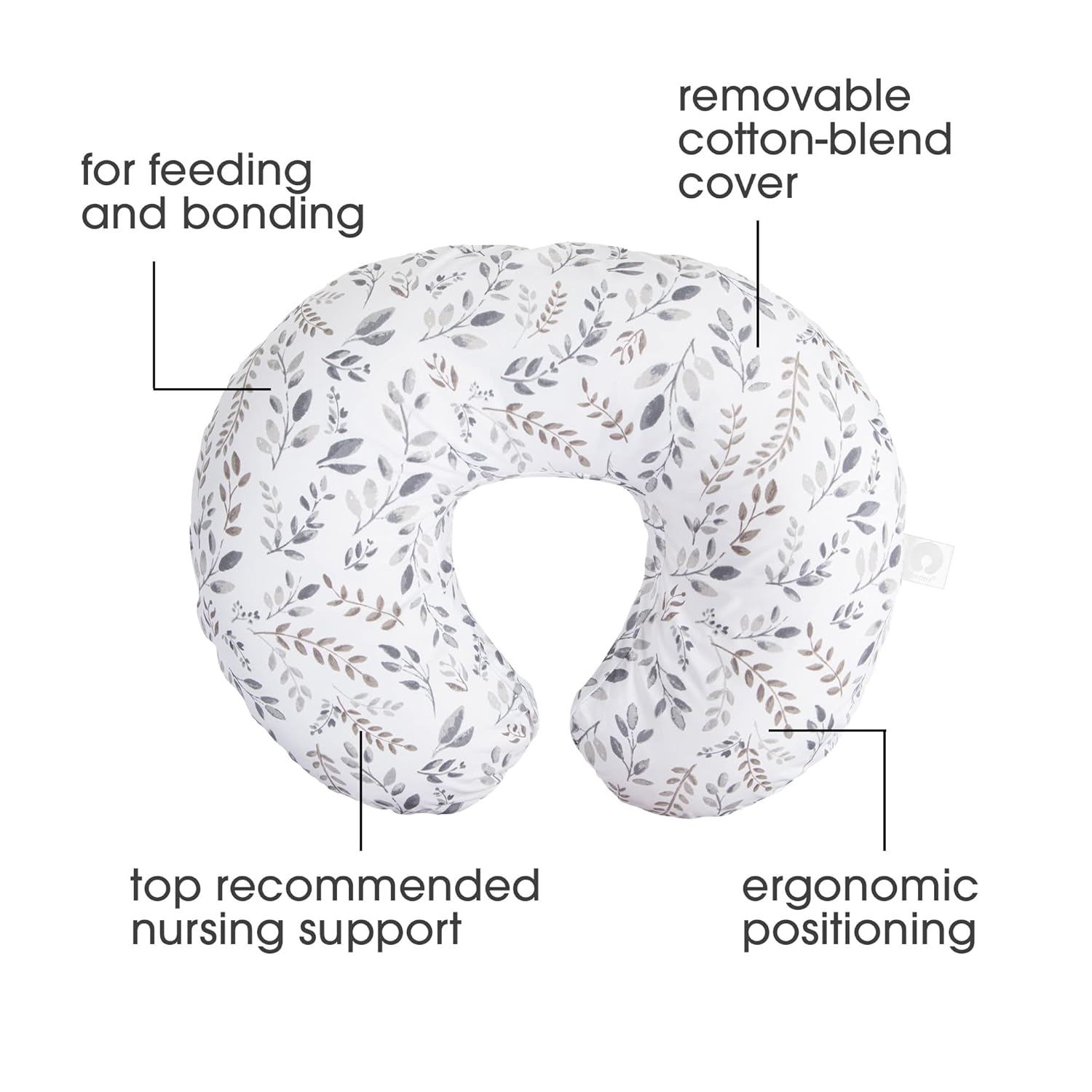 Boppy Almohada de lactancia con soporte original, hojas grises de color gris topo, esenciales ergonómicos de enfermería y funda de almohada de