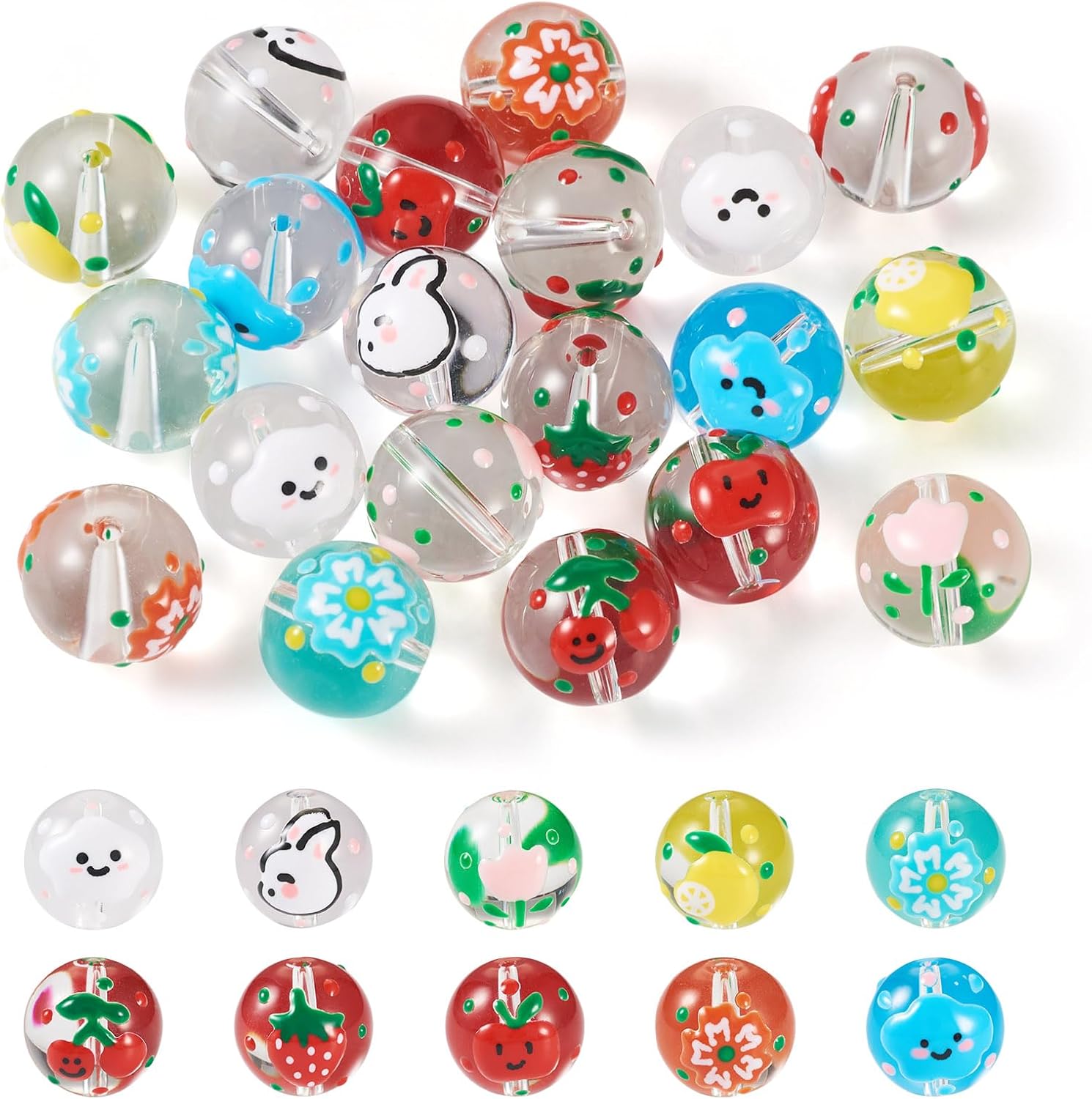 FASHEWELRY 20 cuentas redondas transparentes de cristal transparente, cuentas de cristal transparente, flores de dibujos animados, frutas, conejo,