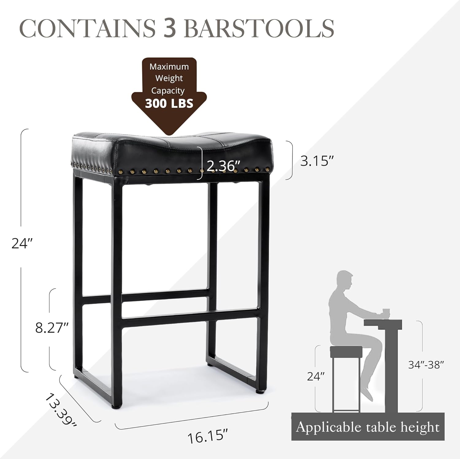 LUE BONA Taburetes de bar ergonómicos cuadrados de 24 pulgadas, juego de 3, moderno taburete de cuero sintético sin espalda con patas de metal negro