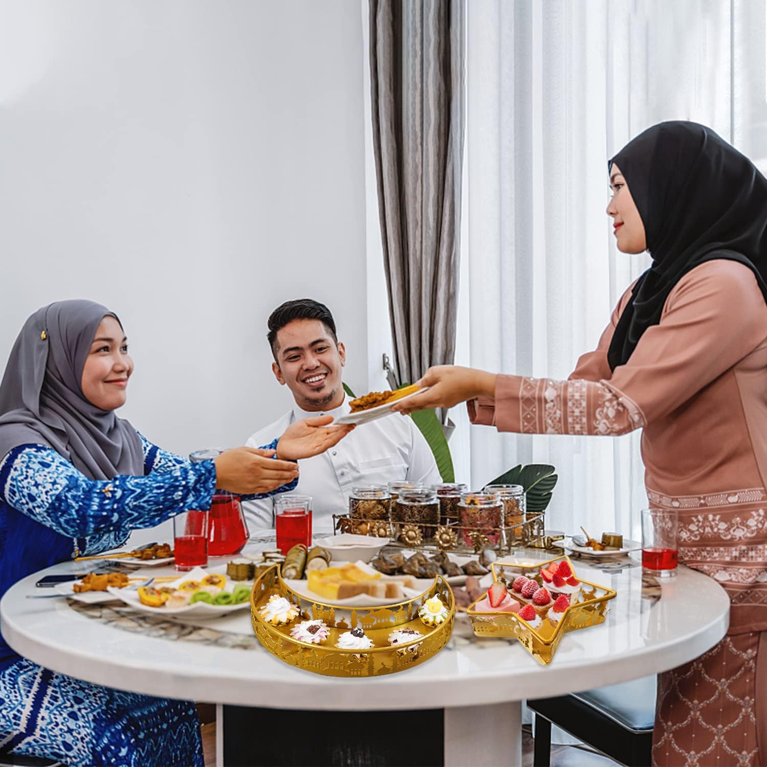 Bandeja de Ramadán Eid Mubarak Moon Star Bandeja, Islam Muslim Al-Fitr Iftar Bandeja de servir comida para fiesta, platos de metal Ramadán,
