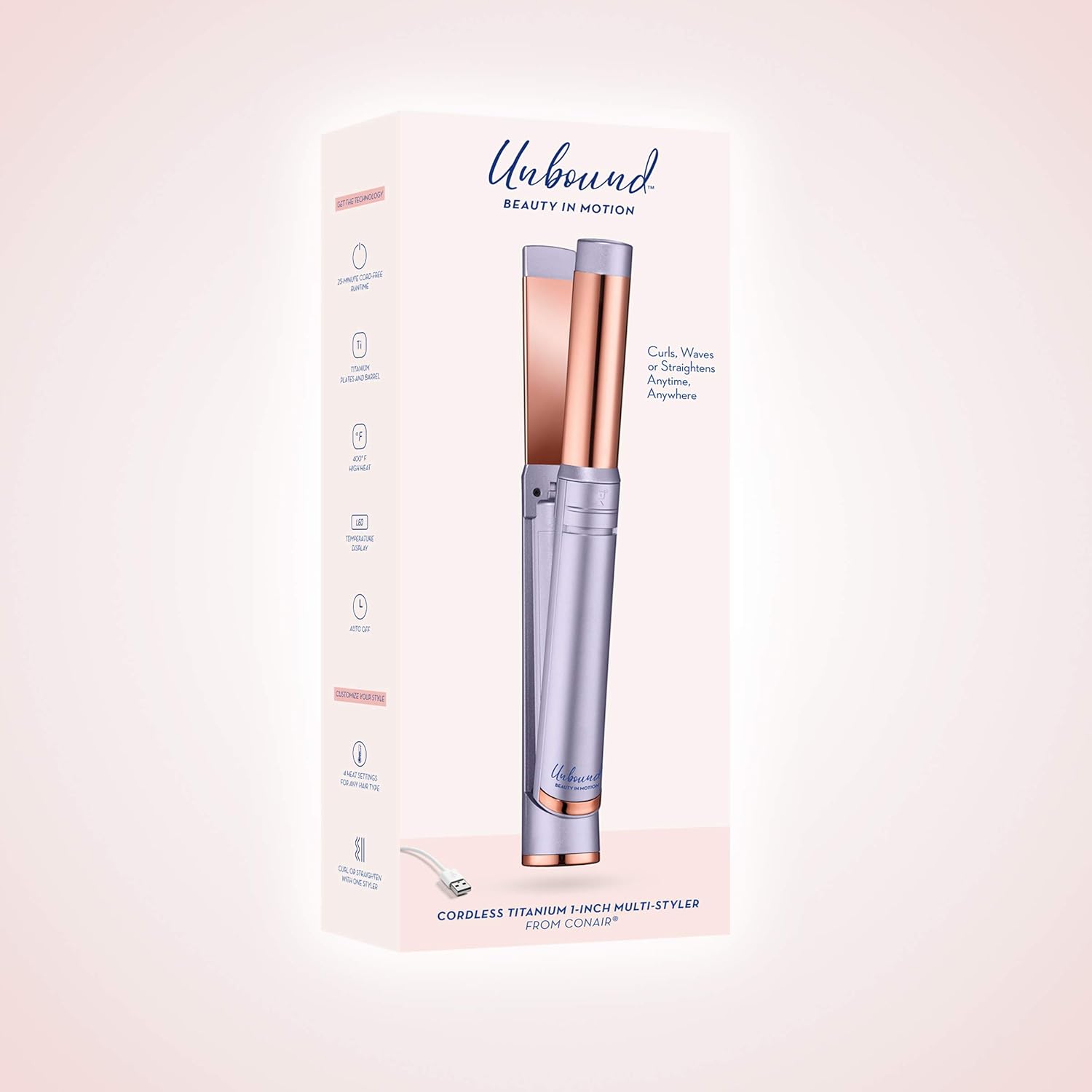 Multiestilizador inalámbrico de titanio sin ataduras de Conair  El primer estilizador inalámbrico de alto rendimiento 2 en 1 recargable para rizos o