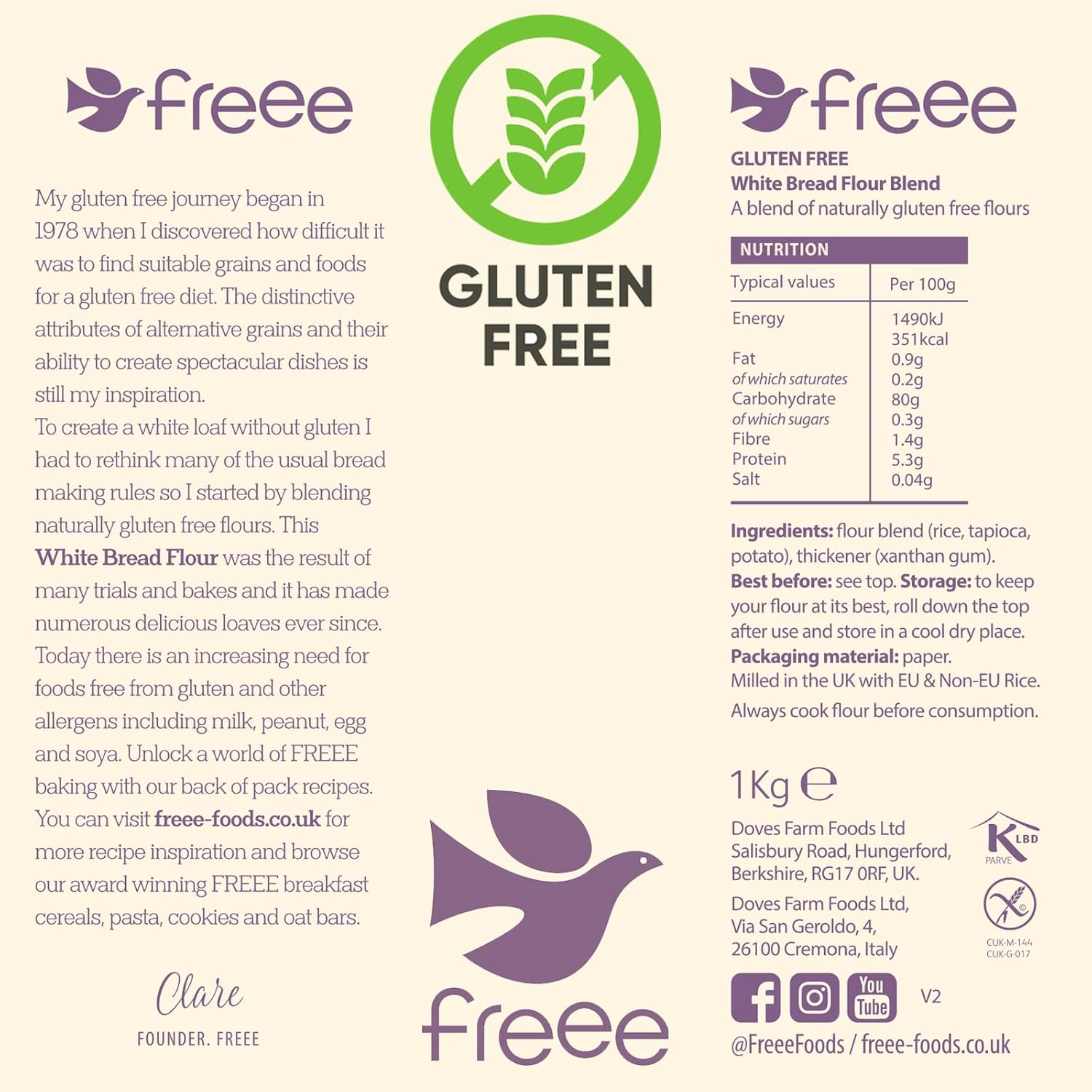 Freee Harina de pan blanco – 2.2 lbs  Harina multiusos premium sin gluten para hornear  Ideal para pan, panecillos y pasteles  Apto para veganos