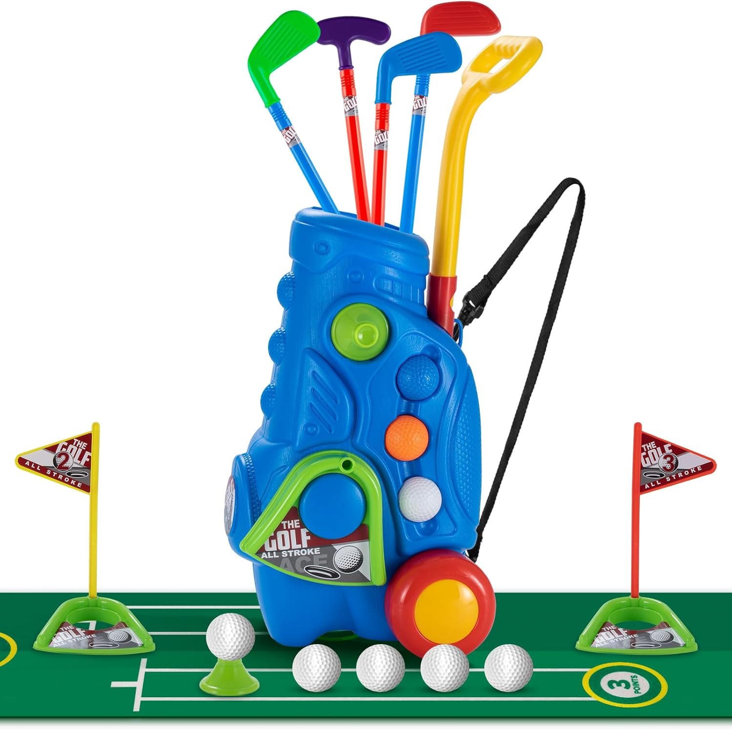 Sukabala Juego de golf para niños pequeños, palos de golf para niños con carrito de golf, tapete de puting, 4 palos, 2 agujeros de práctica, 8