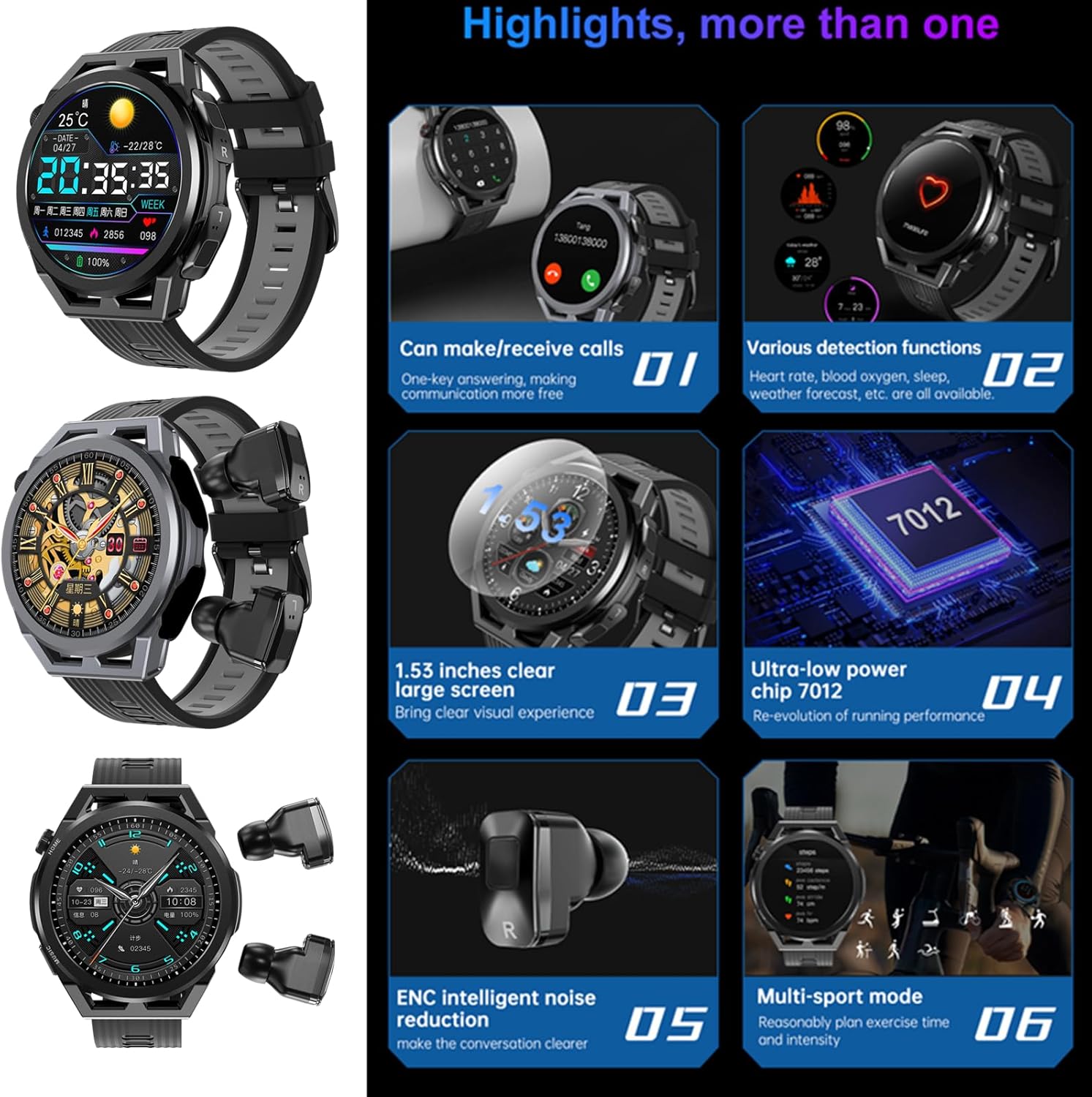 N18 Smart Watch with Earbuds 1.53 Inch Smartwatch Wireless Headphones Combo TWS Health Monitor Fitness Tracker Built-in 4G Memory Local MP3 Player