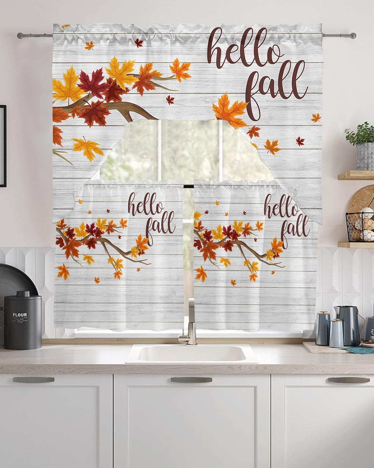 Juego de 3 cortinas y cenefas de cocina, cortinas cortas de otoño con bolsillo para barra, cortinas de ventana de granero de madera para decoración