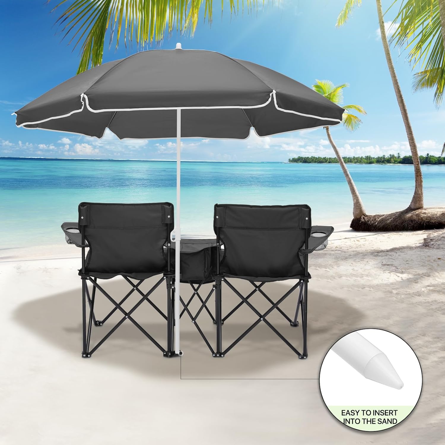 Magshion Silla de campamento doble con paraguas y enfriador para adultos, silla plegable de alta resistencia, color negro