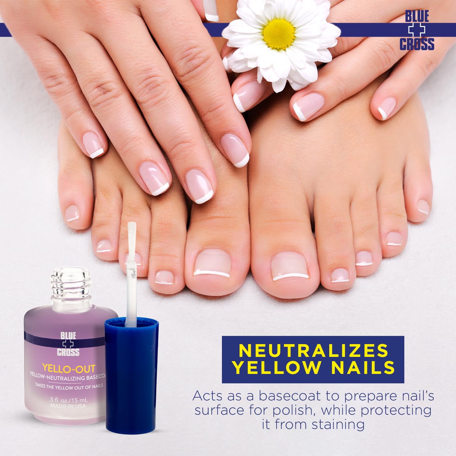 Blue Cross Cuidado profesional de uñas Yello Out – Tóner morado neutralizante de amarillo + capas base ópticas para aclarar uñas, paquete de 2