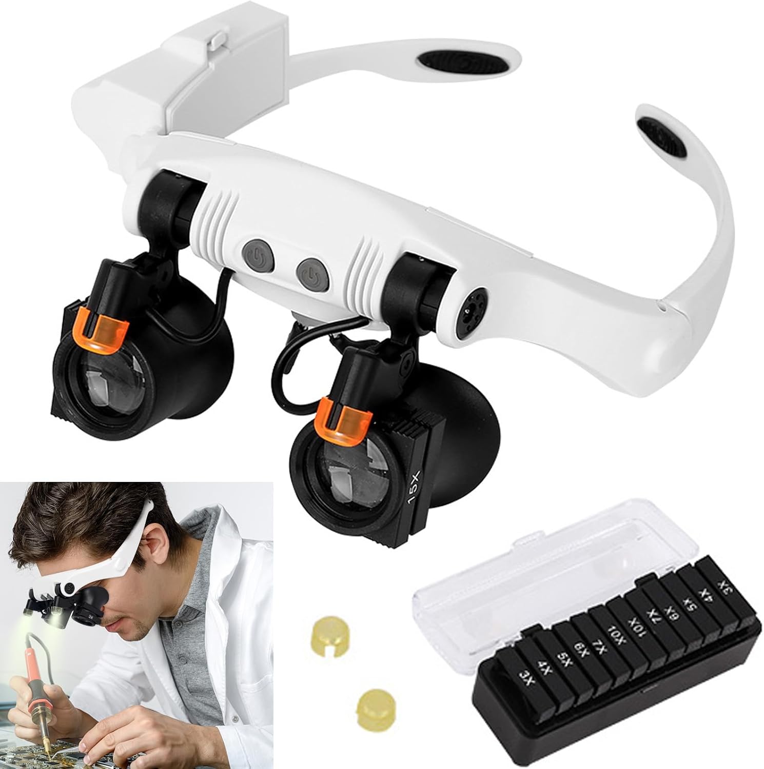 Lupa con luz LED, lupa de reparación de reloj LXIANGN Jeweler Lupe manos libres cabeza lupa lupa con 6 lentes intercambiables – 3X 4X 5X 6X 7X 10x