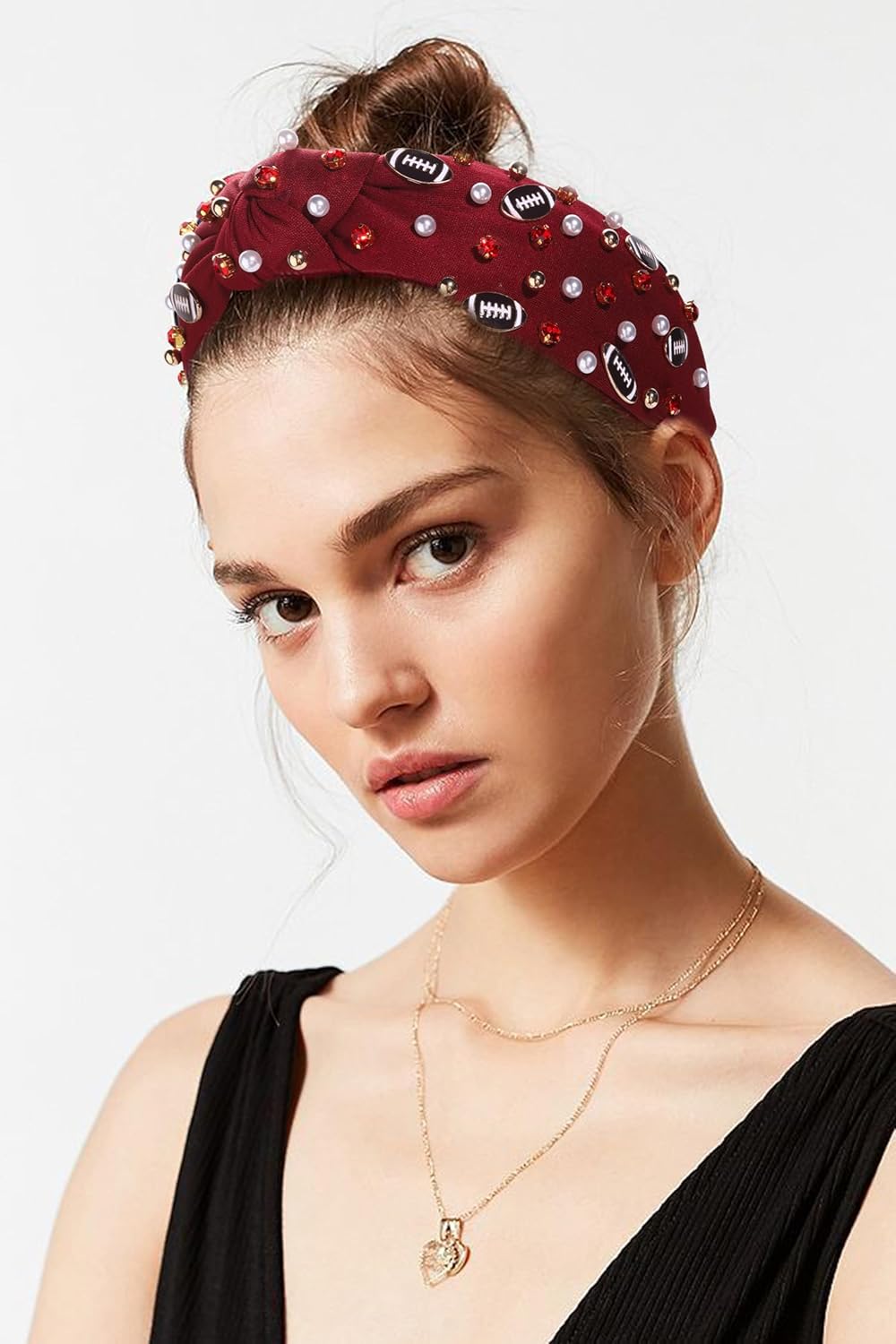 Diadema de fútbol con perlas y diamantes de imitación, diadema anudada divertida para deportes de fútbol, banda ancha con nudo superior para el día