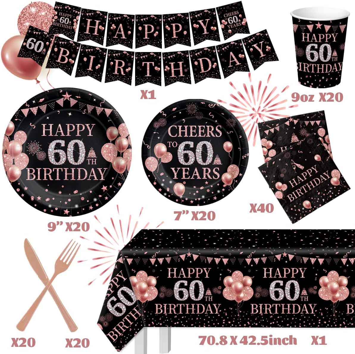 Juego de 142 platos y servilletas desechables de oro rosa para cumpleaños n. 60, para 20 invitados