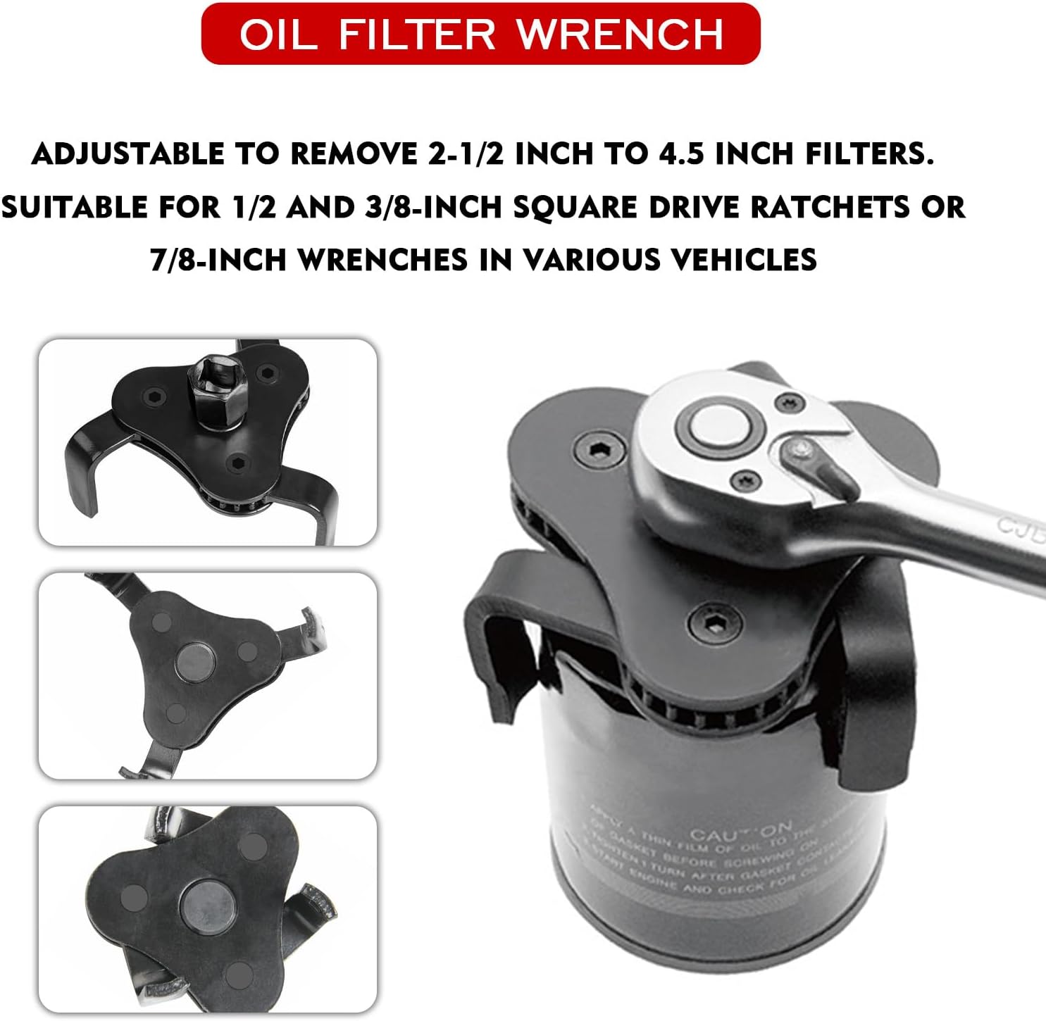 Llave de filtro de aceite, ajustable de 3 mandíbulas para filtro de aceite, juego de herramientas para filtro de aceite de 2 a 4.2 pulgadas de
