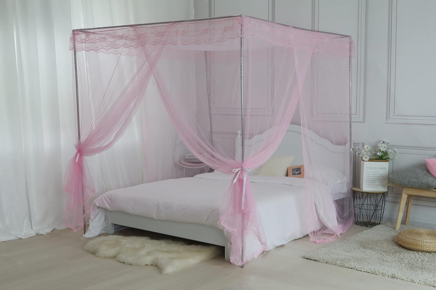 Toldo de cama, red de cortina de cama de princesa para niñas y adultos, red rectangular de cúpula de encaje de tres puertas (rosa, Queen)