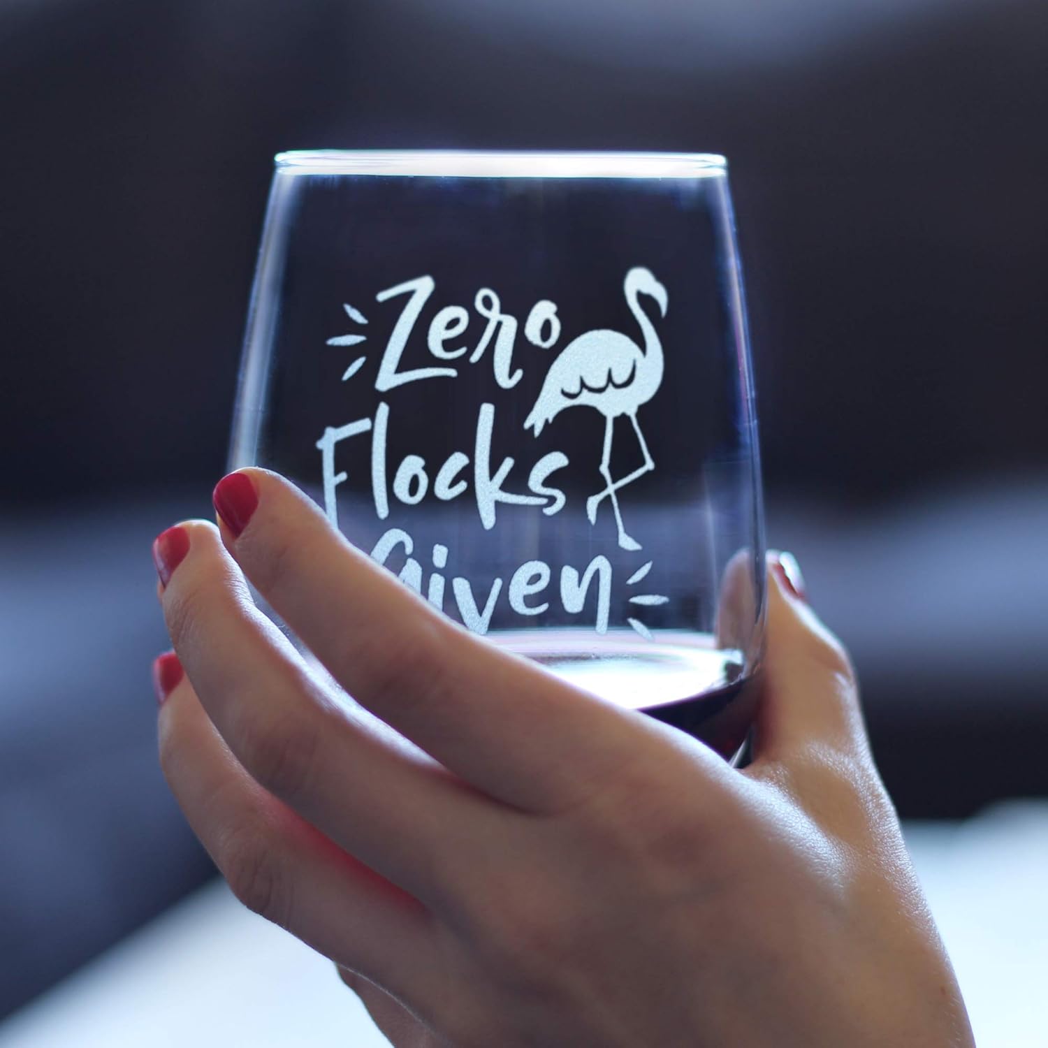 Zero Flocks Given  Cute Funny Flamingo Stemless Wine Glass, Large 17 Ounce, Etched Sayings, Gift Box